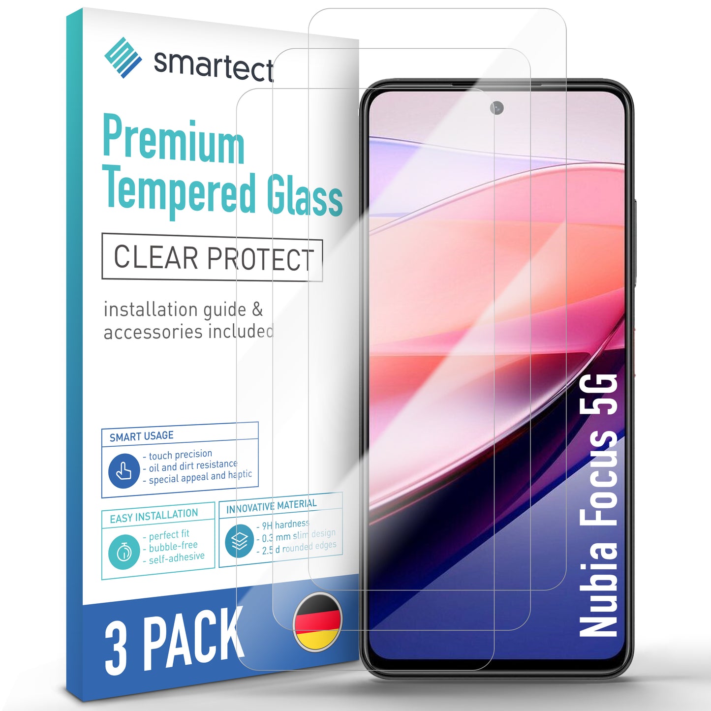 smartect Schutzglas Klar für Nubia Focus 5G, 3 Stück