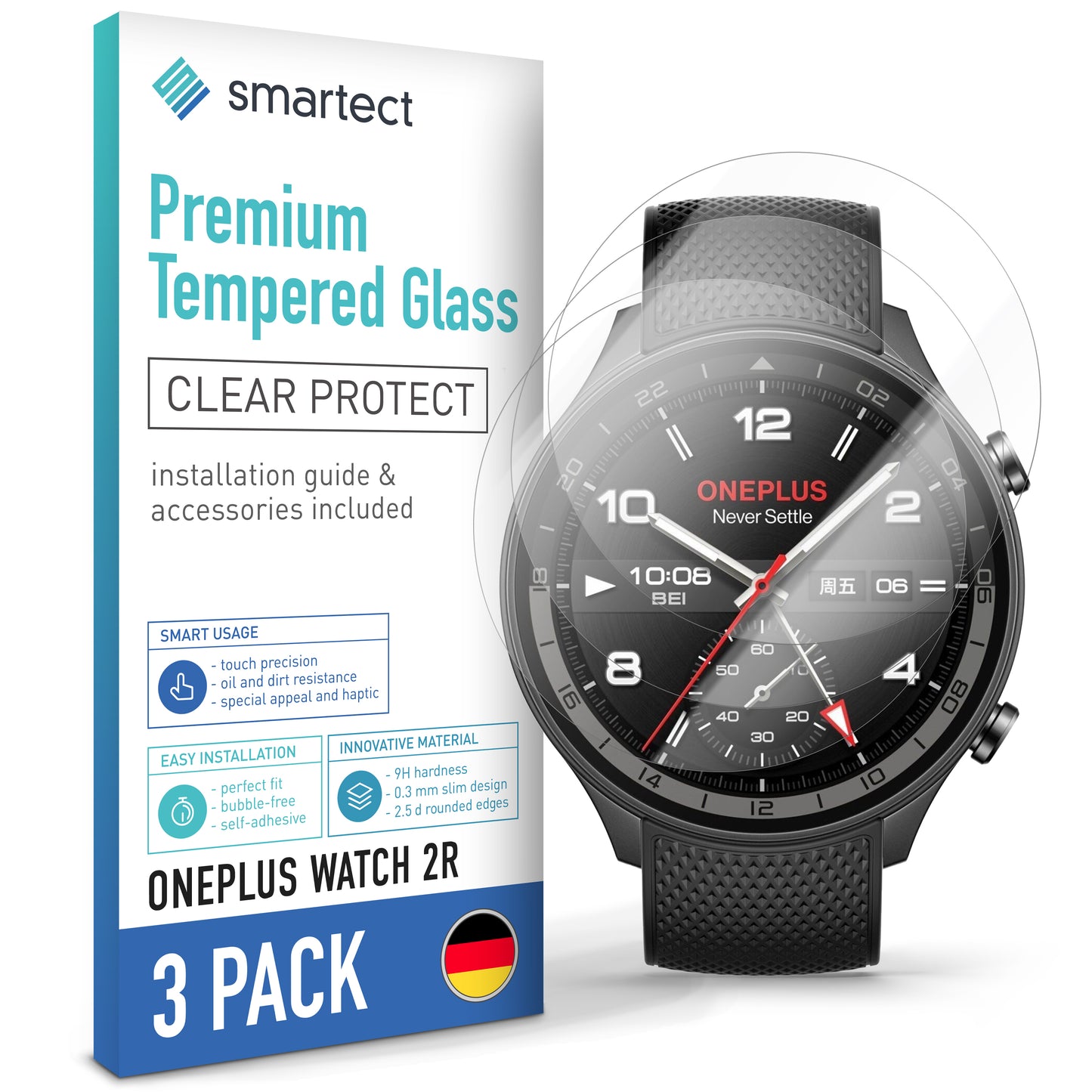 smartect Schutzglas Klar für OnePlus Watch 2R, 3 Stück