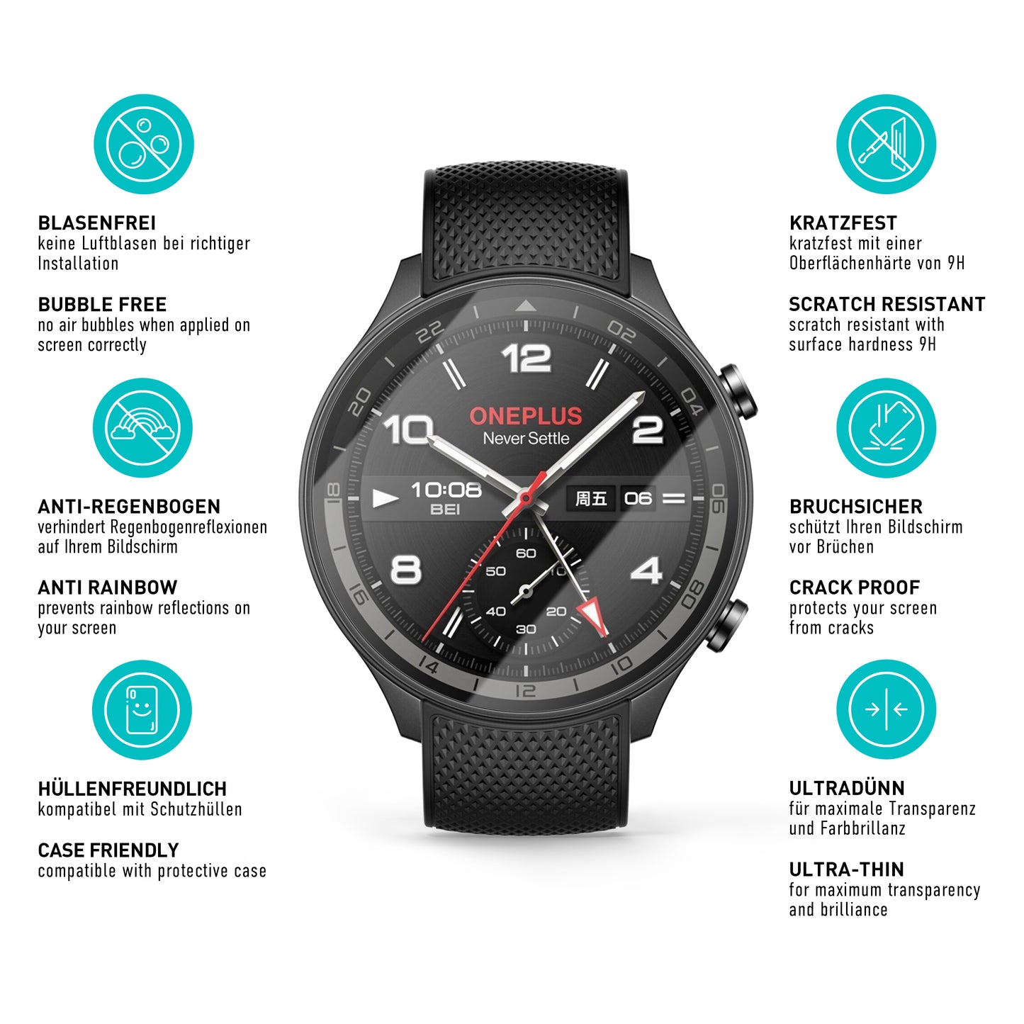 smartect Schutzglas Klar für OnePlus Watch 2R, 3 Stück