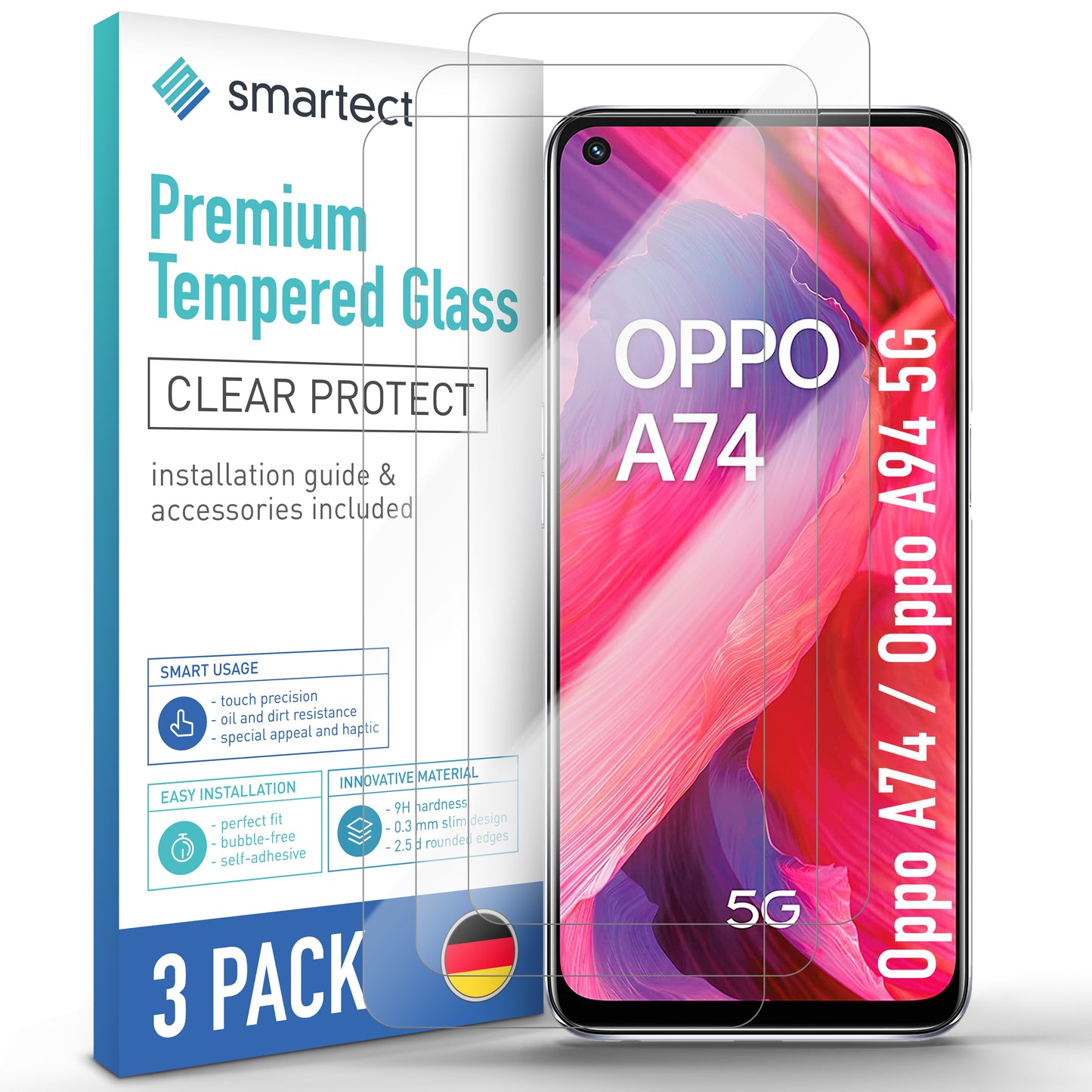 smartect protective glass clear for Oppo A74 / Oppo A94 5G, 3 pieces