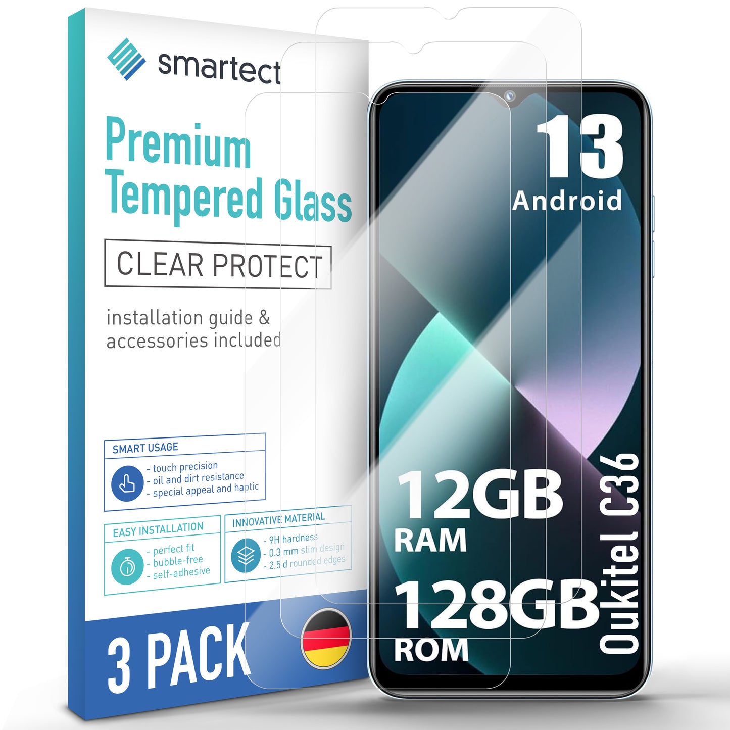 smartect protective glass clear for Oukitel C36, 3 pieces