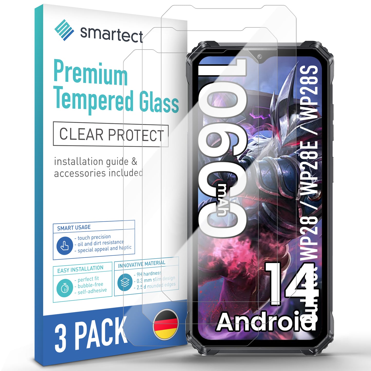 smartect Schutzglas Klar für Oukitel WP28 / WP28E / WP28S, 3 Stück