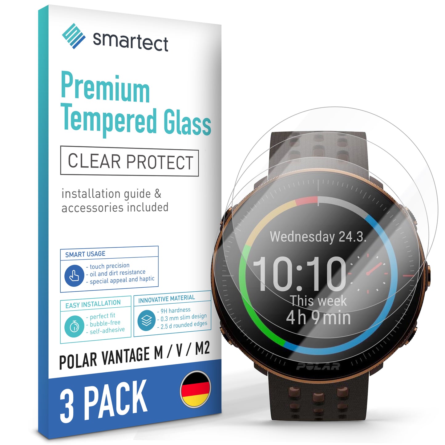 smartect Schutzglas Klar für Polar Vantage M / V / M2, 3 Stück