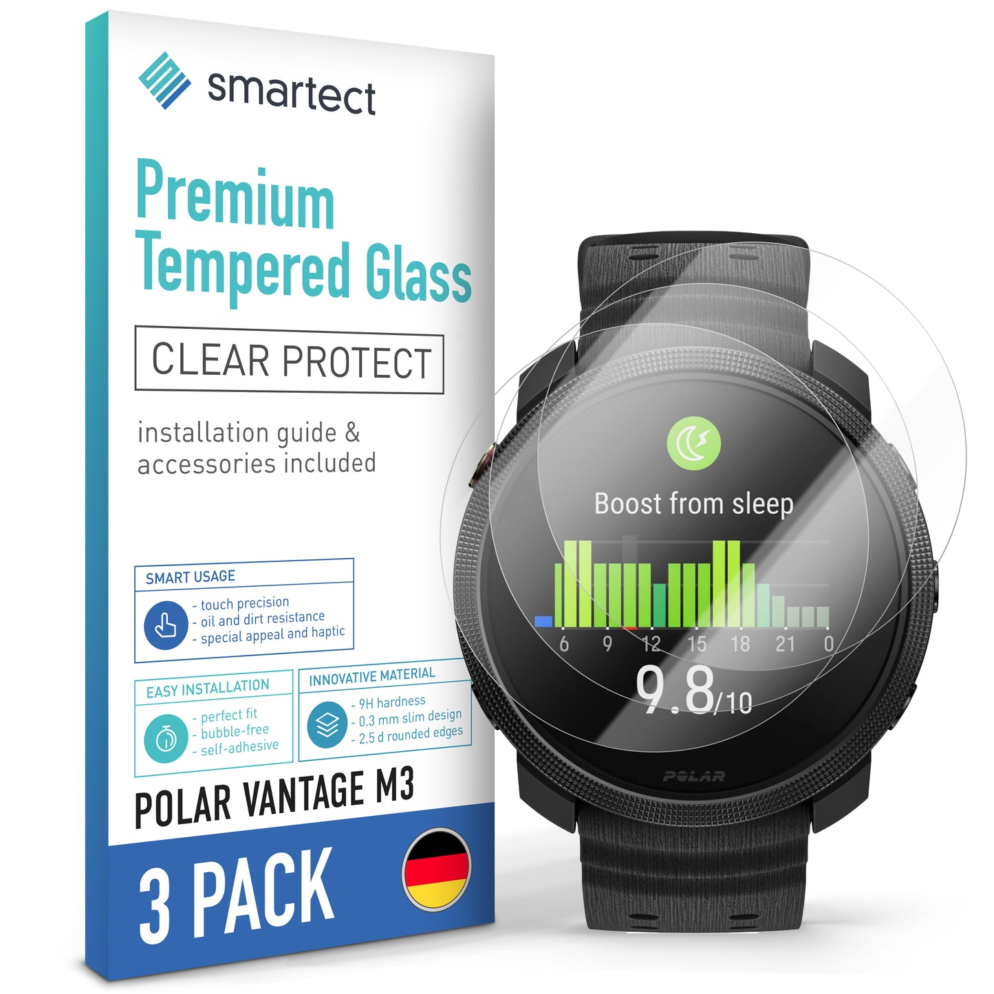 smartect Schutzglas Klar für Polar Vantage M3, 3 Stück