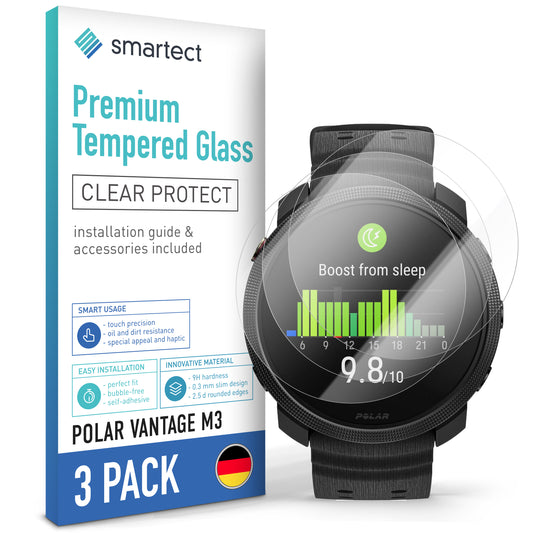 smartect Schutzglas Klar für Polar Vantage M3, 3 Stück