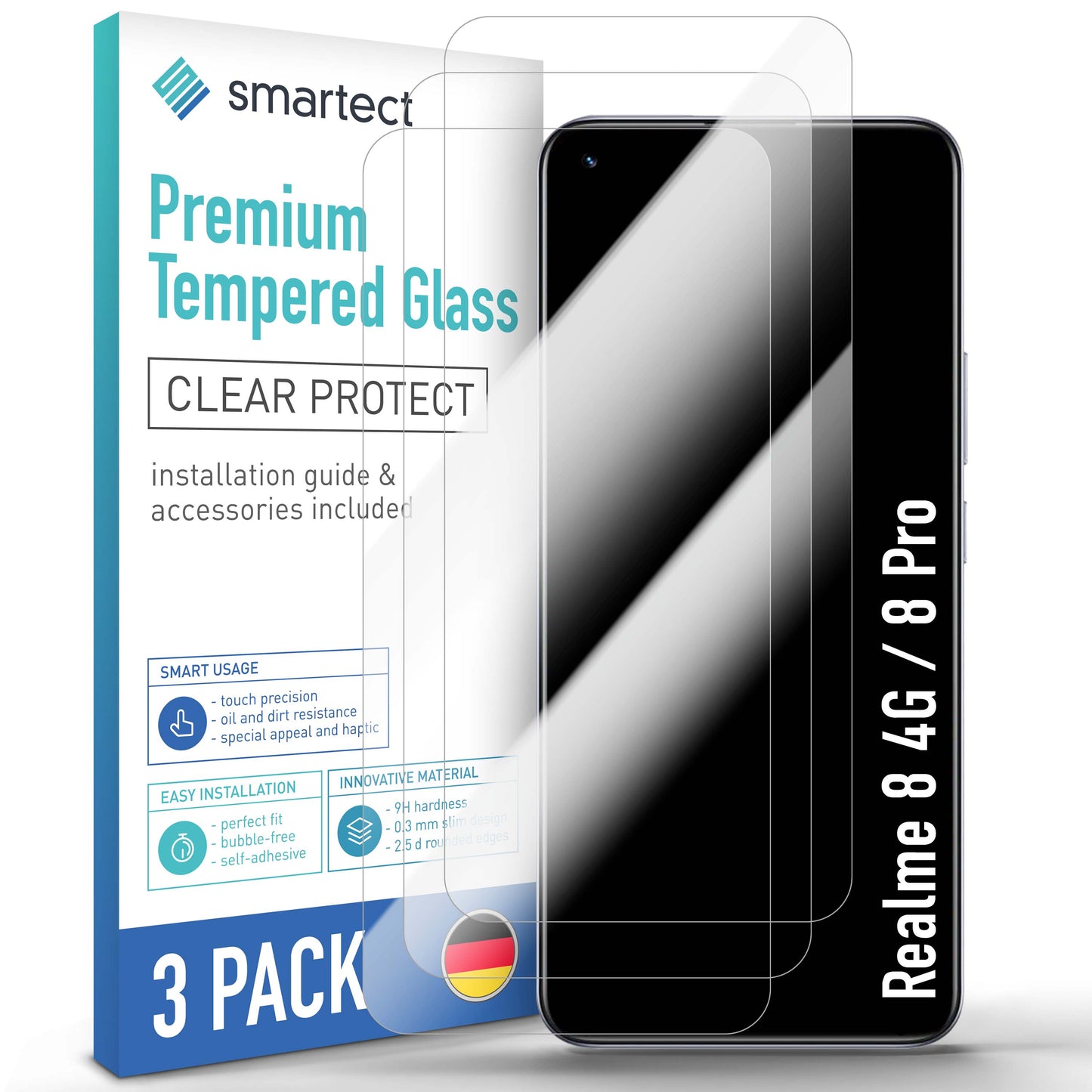 smartect Schutzglas Klar für Realme 8 4G / 8 Pro, 3 Stück