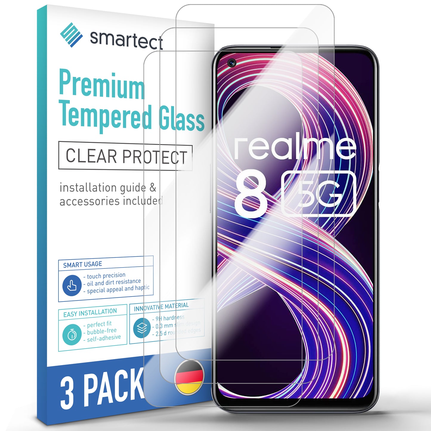 smartect Schutzglas Klar für Realme 8 5G, 3 Stück