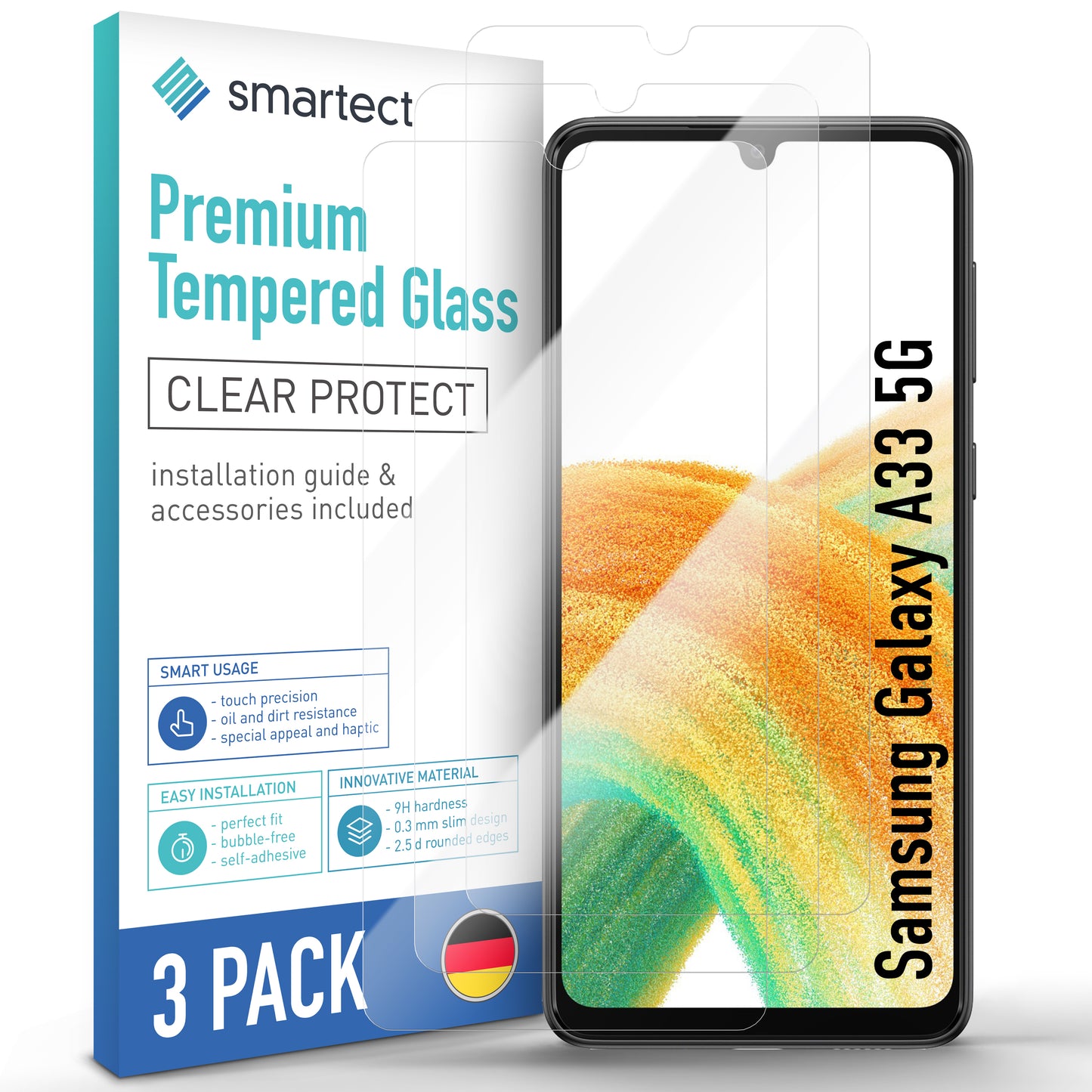 smartect Schutzglas Klar für Samsung Galaxy A33 5G, 3 Stück