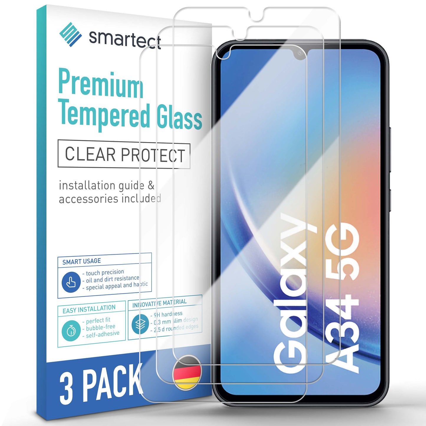smartect Schutzglas Klar für Samsung Galaxy A34 5G, 3 Stück