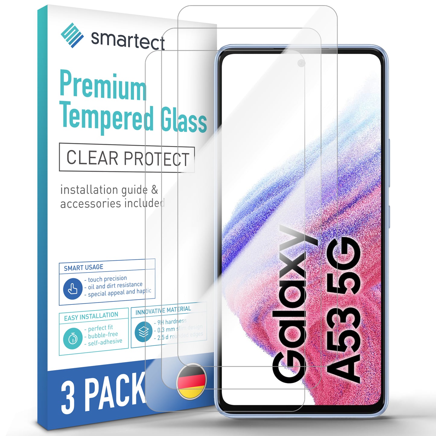 smartect Schutzglas Klar für Samsung Galaxy A53 5G, 3 Stück