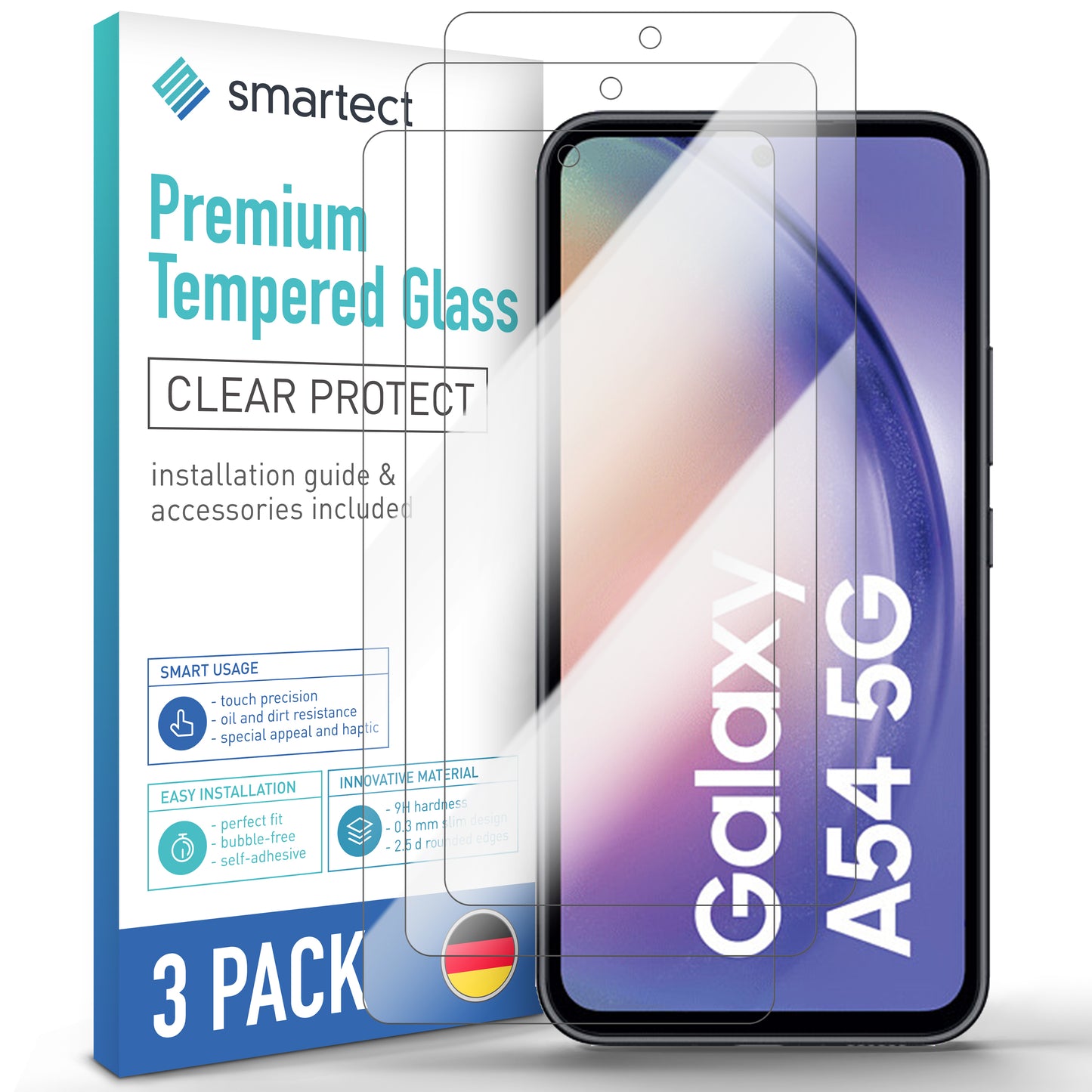 smartect Schutzglas Klar für Samsung Galaxy A54 5G, 3 Stück