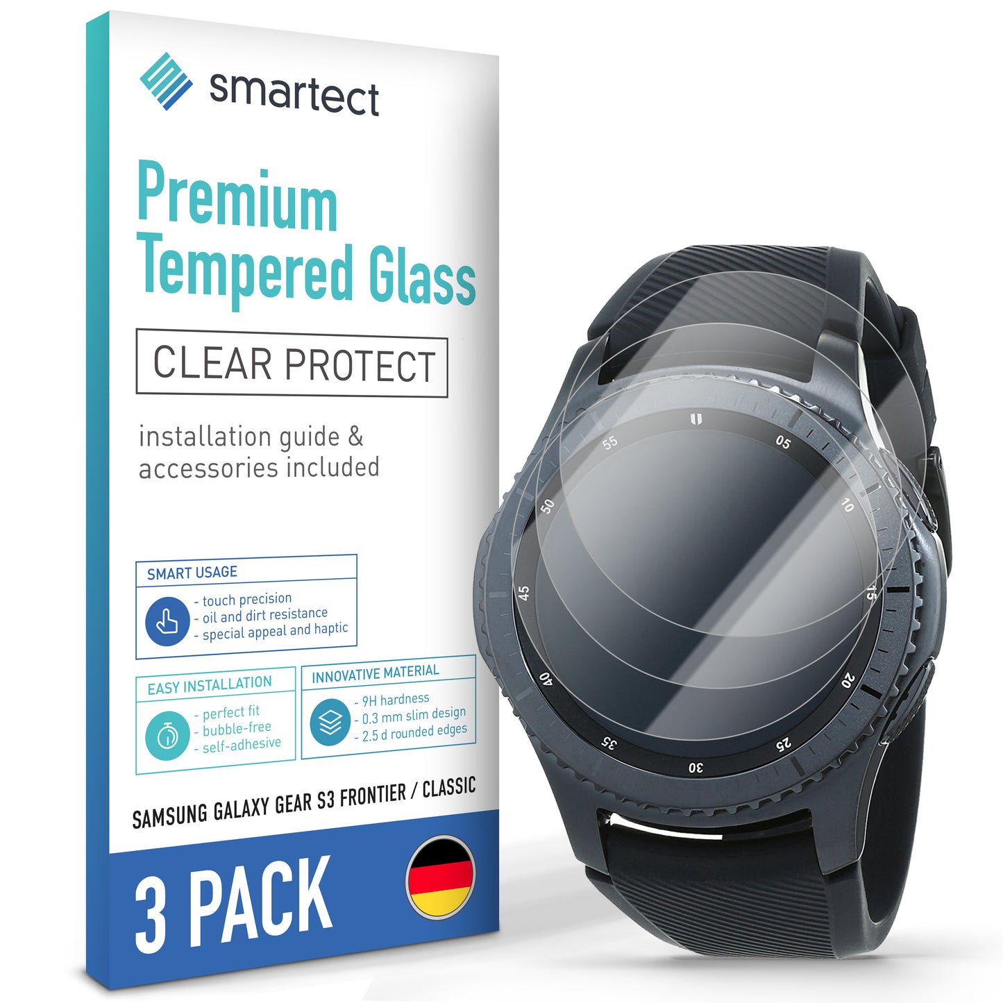 smartect Protective Glass Clear for Samsung Galaxy Gear S3 Frontier / Classic, 3 pieces