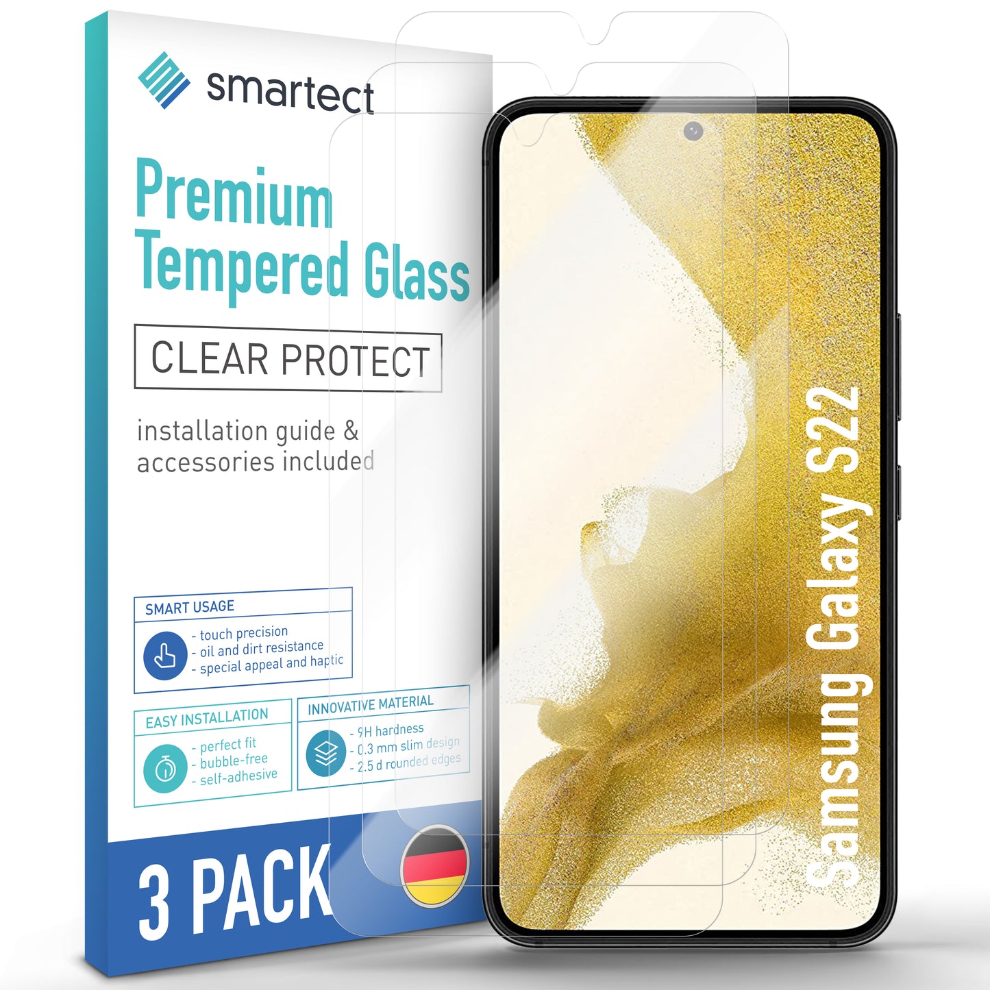 smartect Schutzglas Klar für Samsung Galaxy S22, 3 Stück