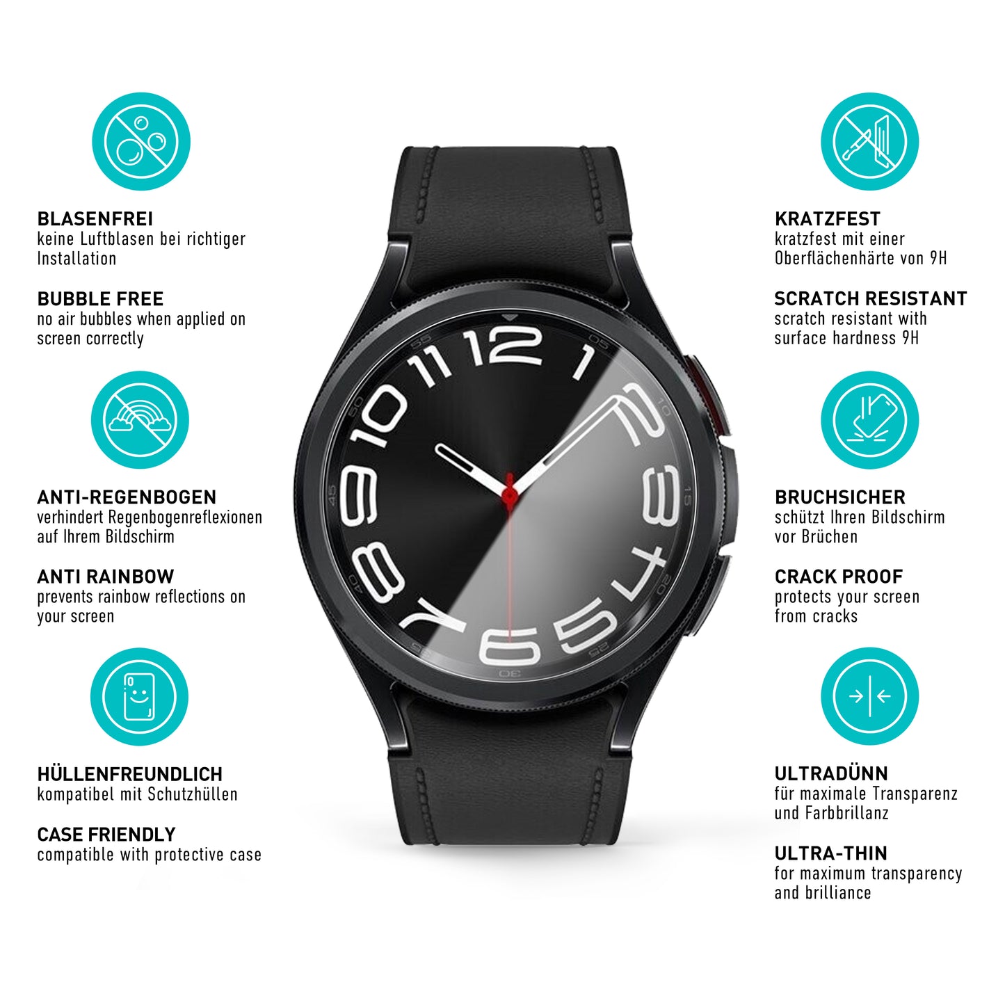 smartect Schutzglas Klar für Samsung Galaxy Watch 6 Classic 43mm, 3 Stück