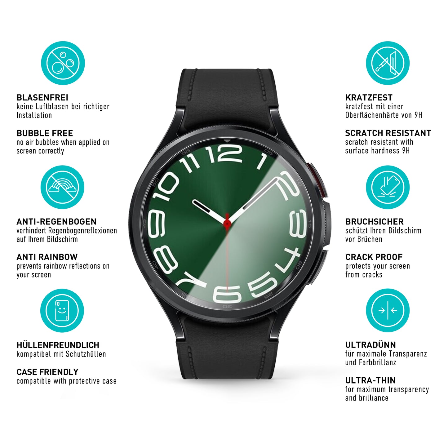 smartect Schutzglas Klar für Samsung Galaxy Watch 6 Classic 47mm, 3 Stück