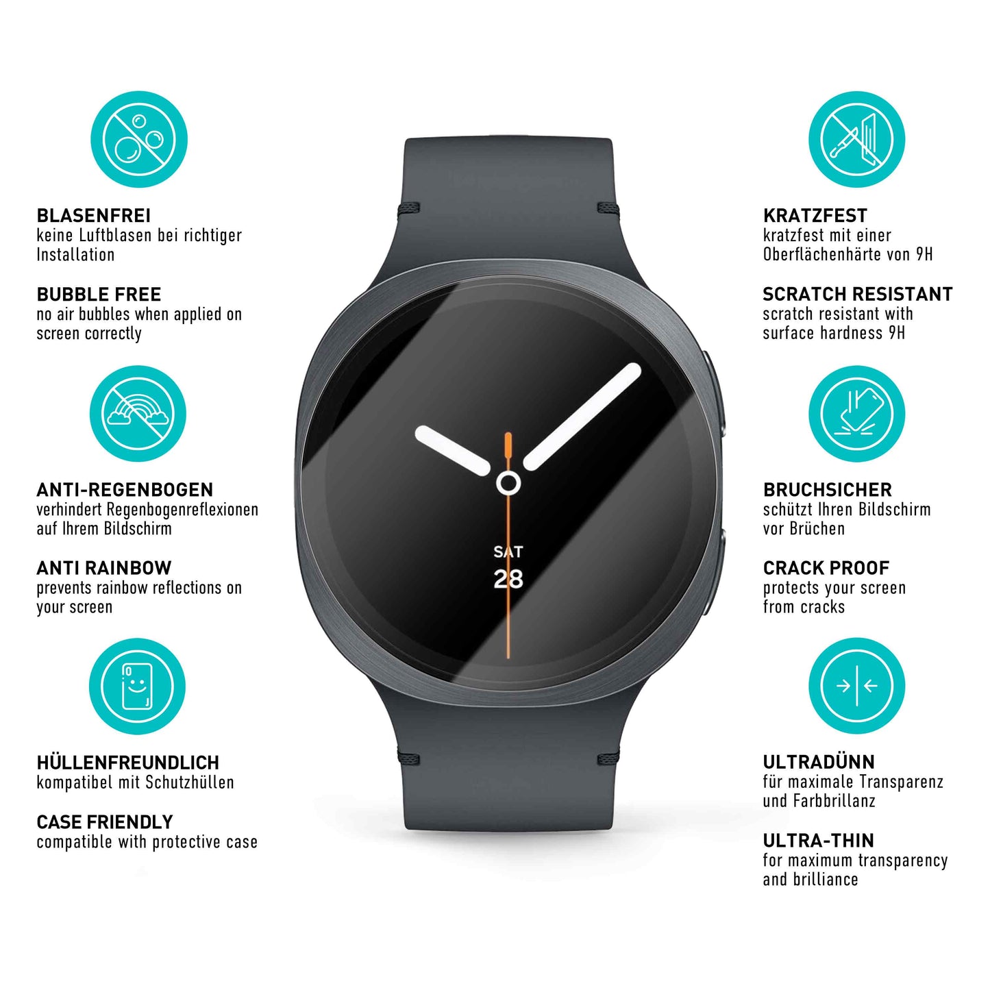 smartect Schutzglas Klar für Samsung Galaxy Watch 8 44mm, 3 Stück