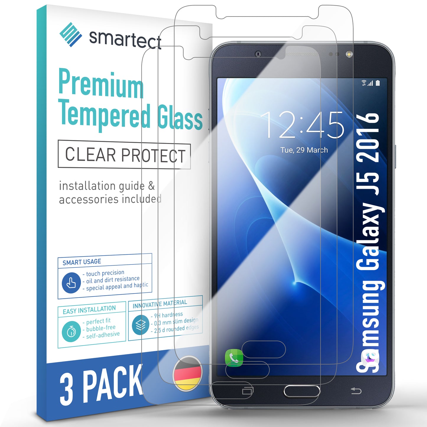 smartect Schutzglas Klar für Samsung Galaxy J5 2016, 3 Stück