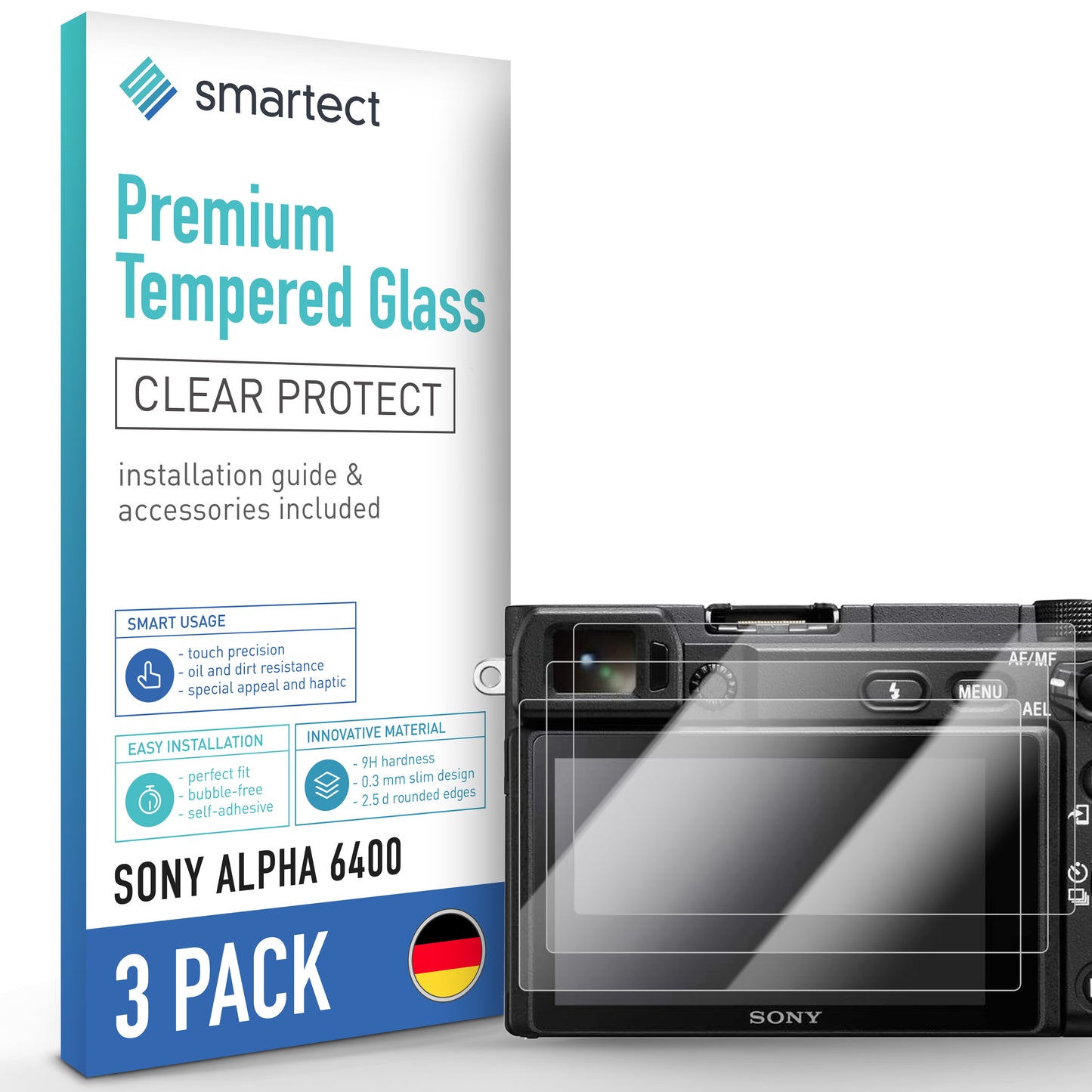 smartect protective glass clear for Sony Alpha 6400, 3 pieces