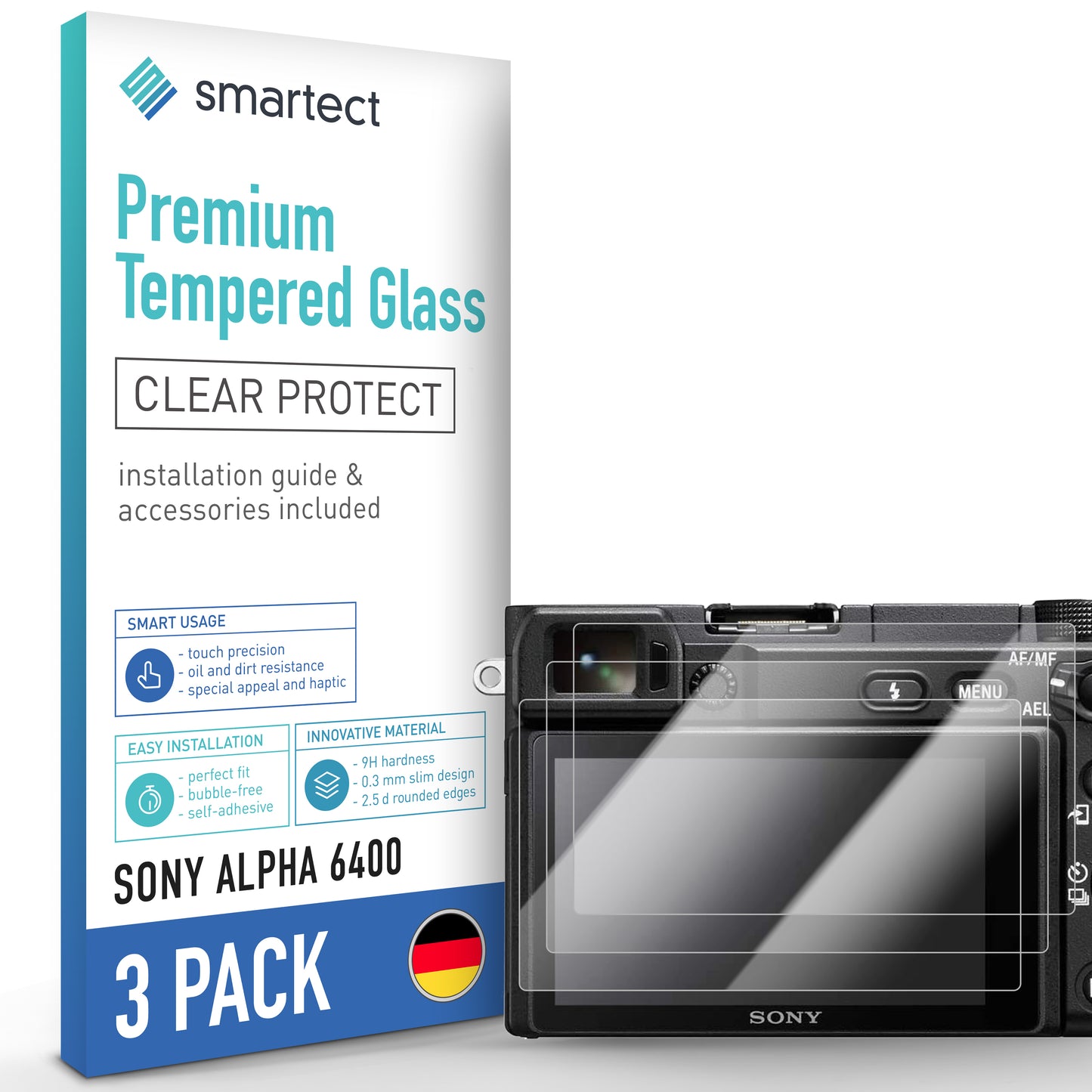 smartect Schutzglas Klar für Sony Alpha 6400, 3 Stück