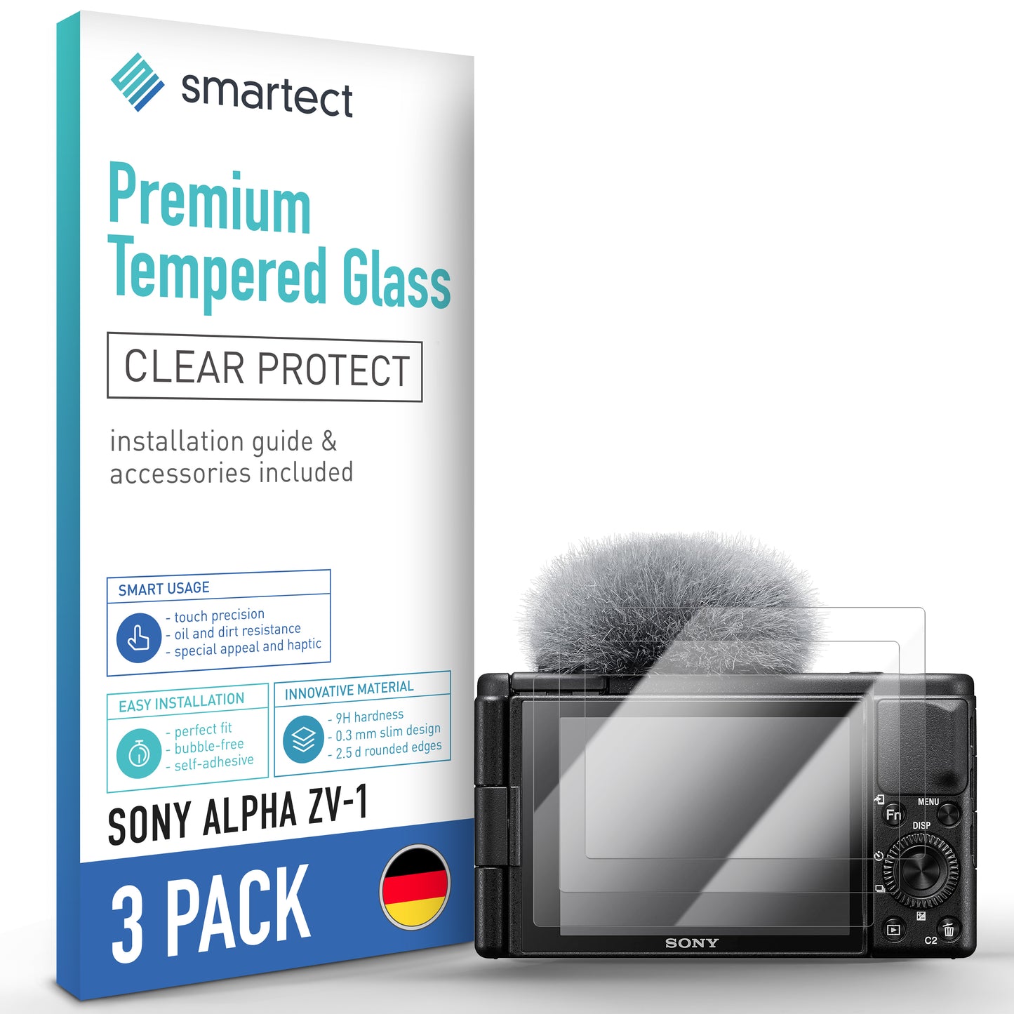 smartect Schutzglas Klar für Sony Alpha ZV-1, 3 Stück