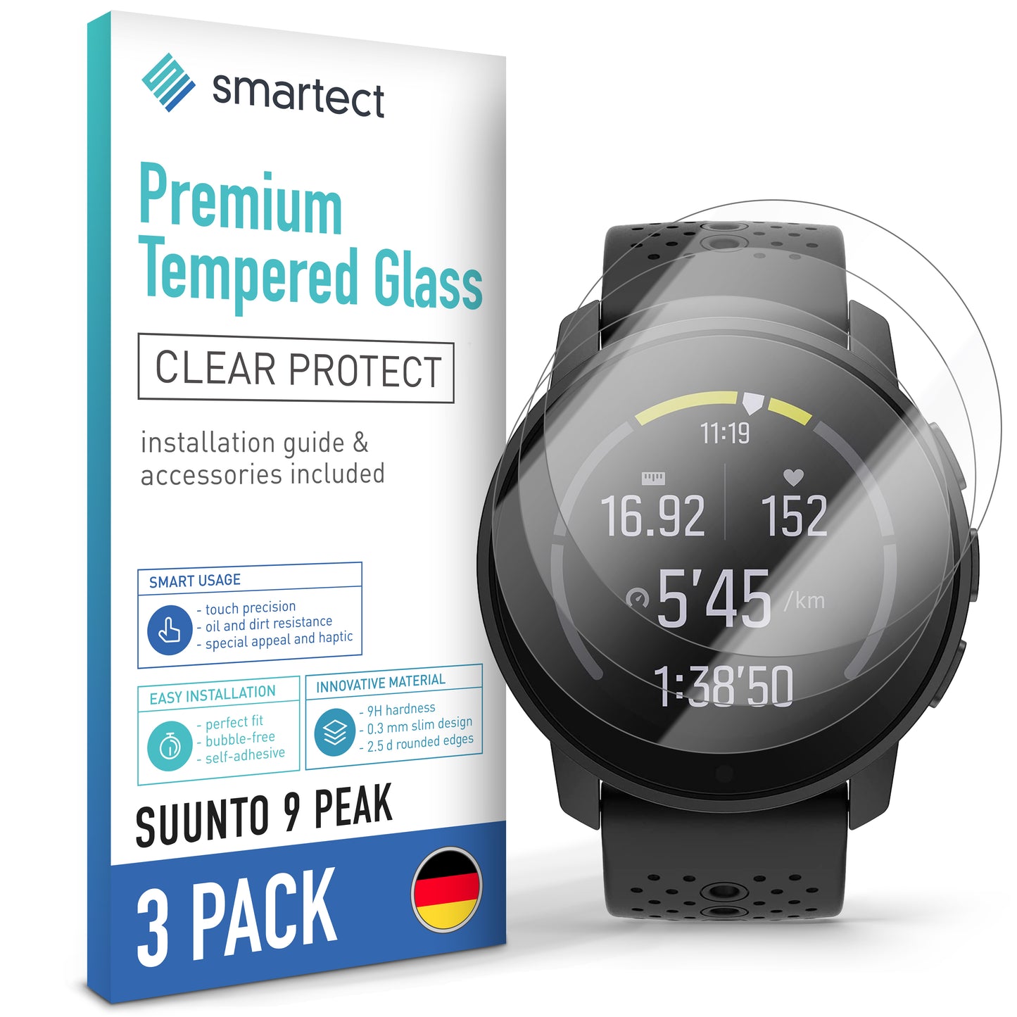 smartect protective glass clear for Suunto 9 Peak, 3 pieces