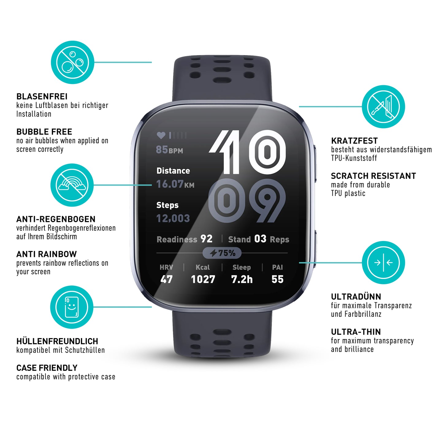 smartect TPU Schutzfolie Klar für Amazfit Bip 6, 3 x Front