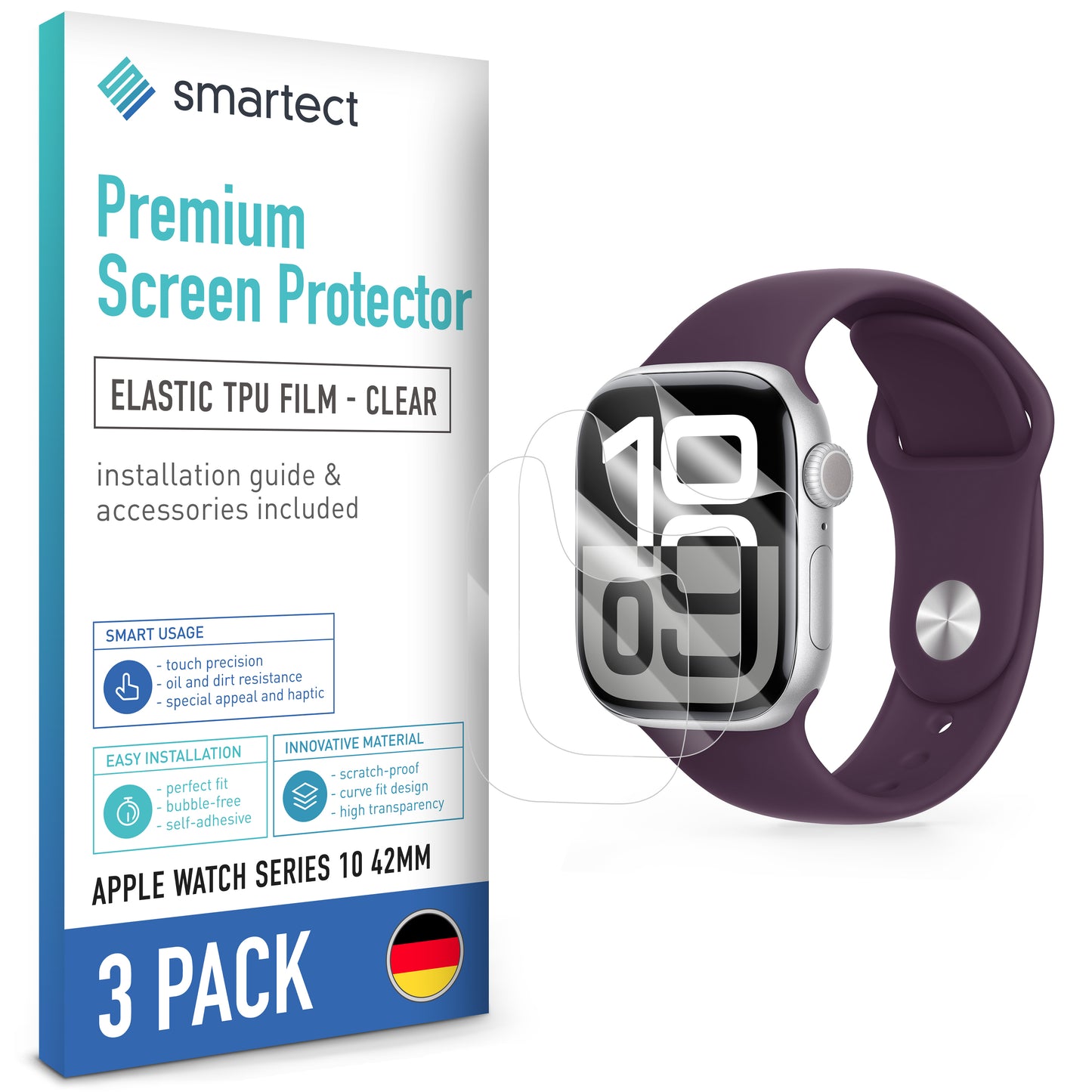 smartect TPU Schutzfolie Klar für Apple Watch Series 10 42mm, 3 x Front