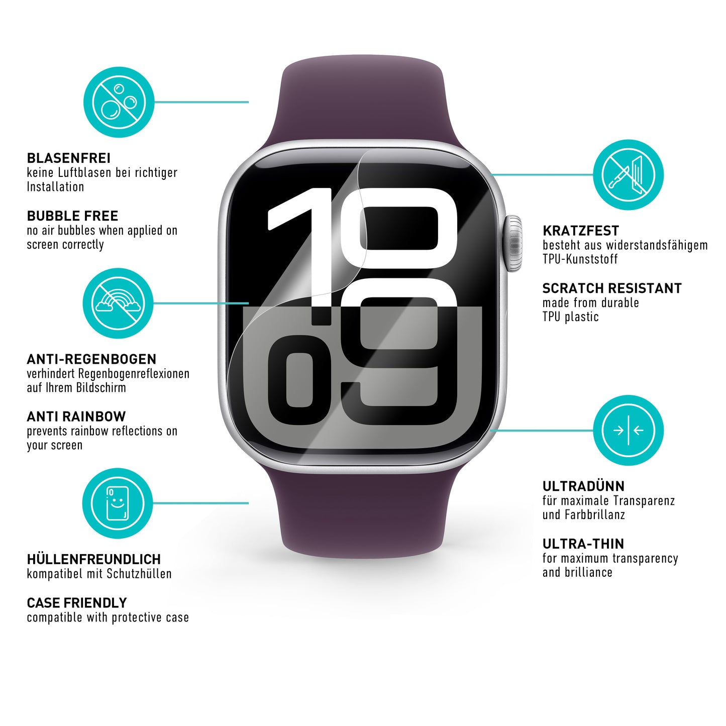 smartect TPU Schutzfolie Klar für Apple Watch Series 10 42mm, 3 x Front