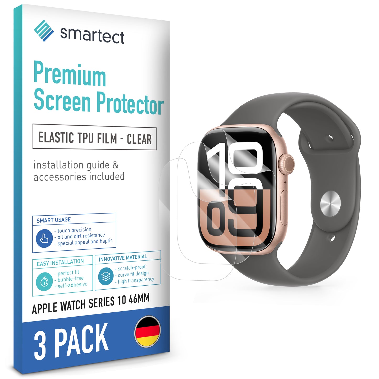 smartect TPU Screen Protector Clear for Apple Watch Series 10 46mm, 3 x Front