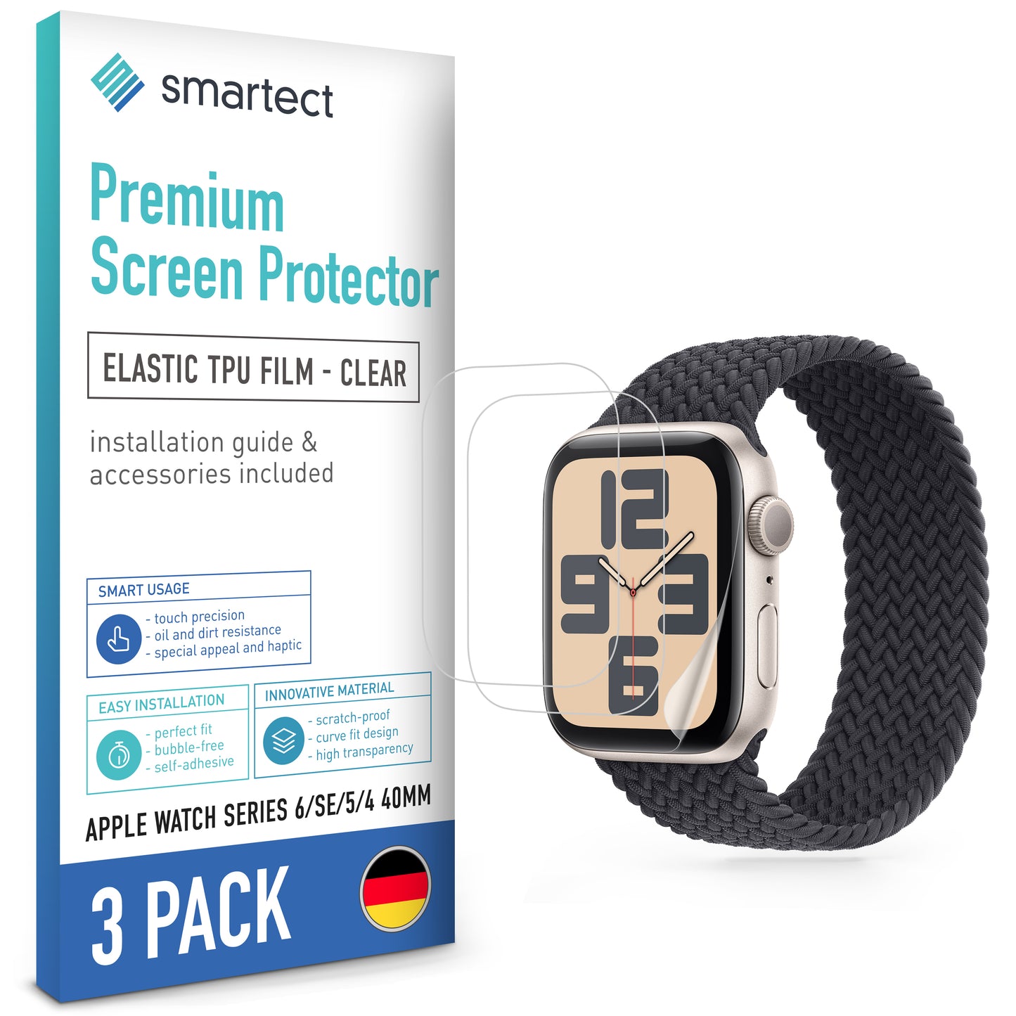 smartect TPU Screen Protector Clear for Apple Watch Series 6 / SE / 5 / 4 40mm, 3 x Front