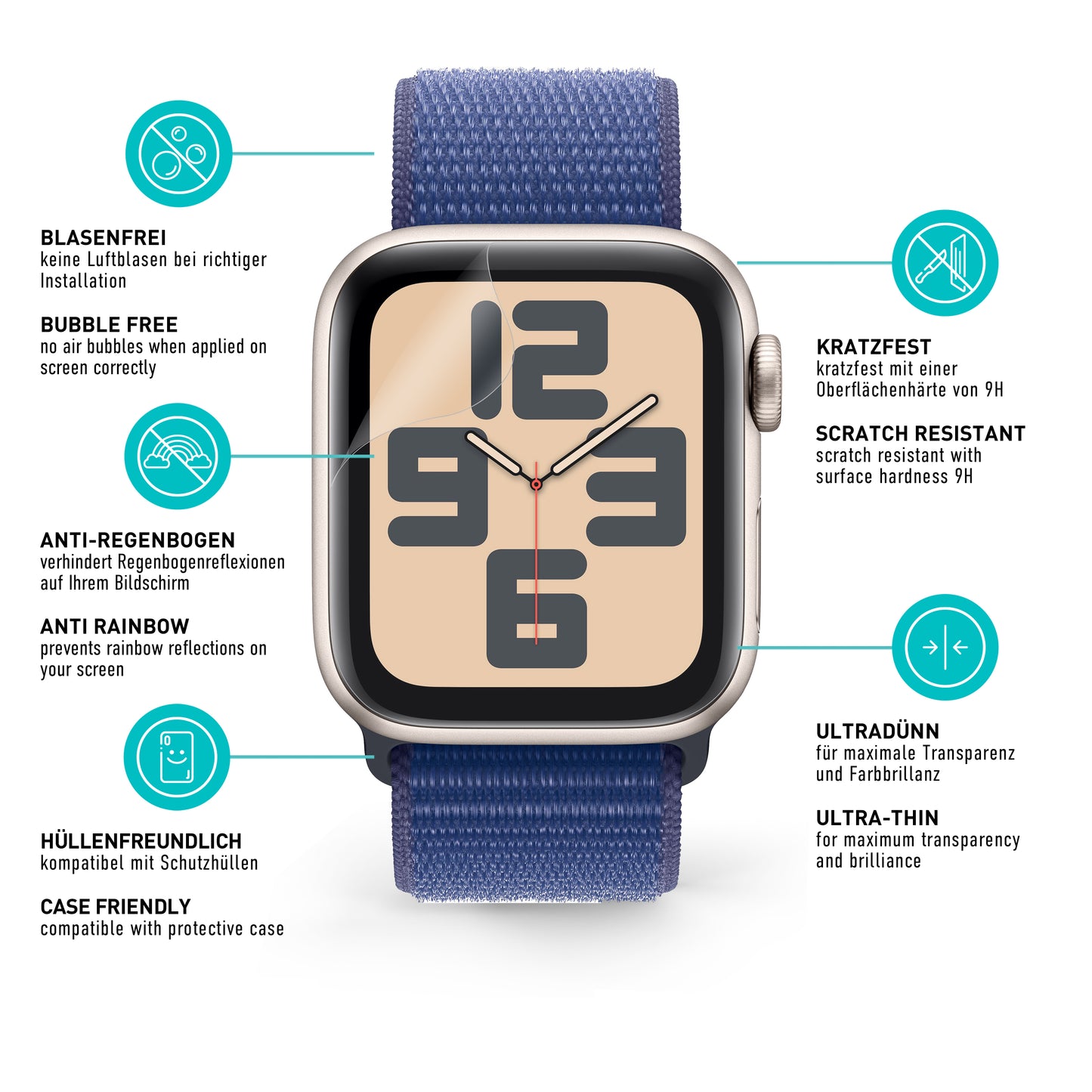 smartect TPU Screen Protector Clear for Apple Watch Series 6 / SE / 5 / 4 44mm, 3 x Front
