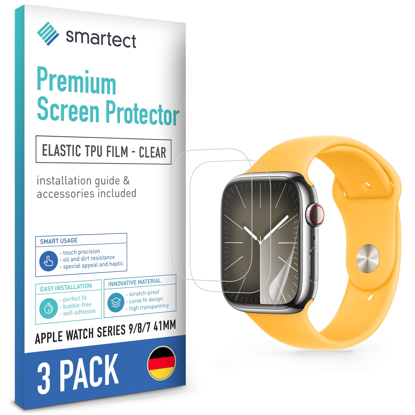 smartect TPU Screen Protector Clear for Apple Watch Series 9 / 8 / 7 41mm, 3 x Front