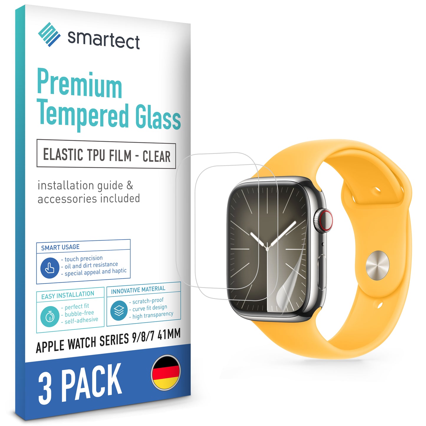 smartect TPU Screen Protector Clear for Apple Watch Series 9 / 8 / 7 41mm, 3 x Front