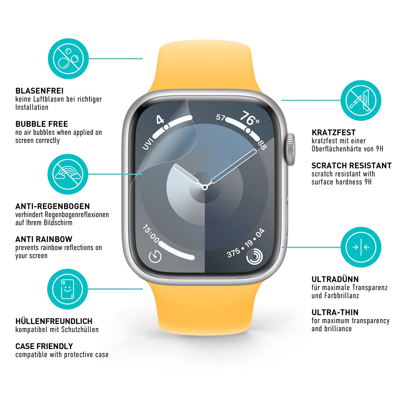 smartect TPU Screen Protector Clear for Apple Watch Series 9 / 8 / 7 41mm, 3 x Front