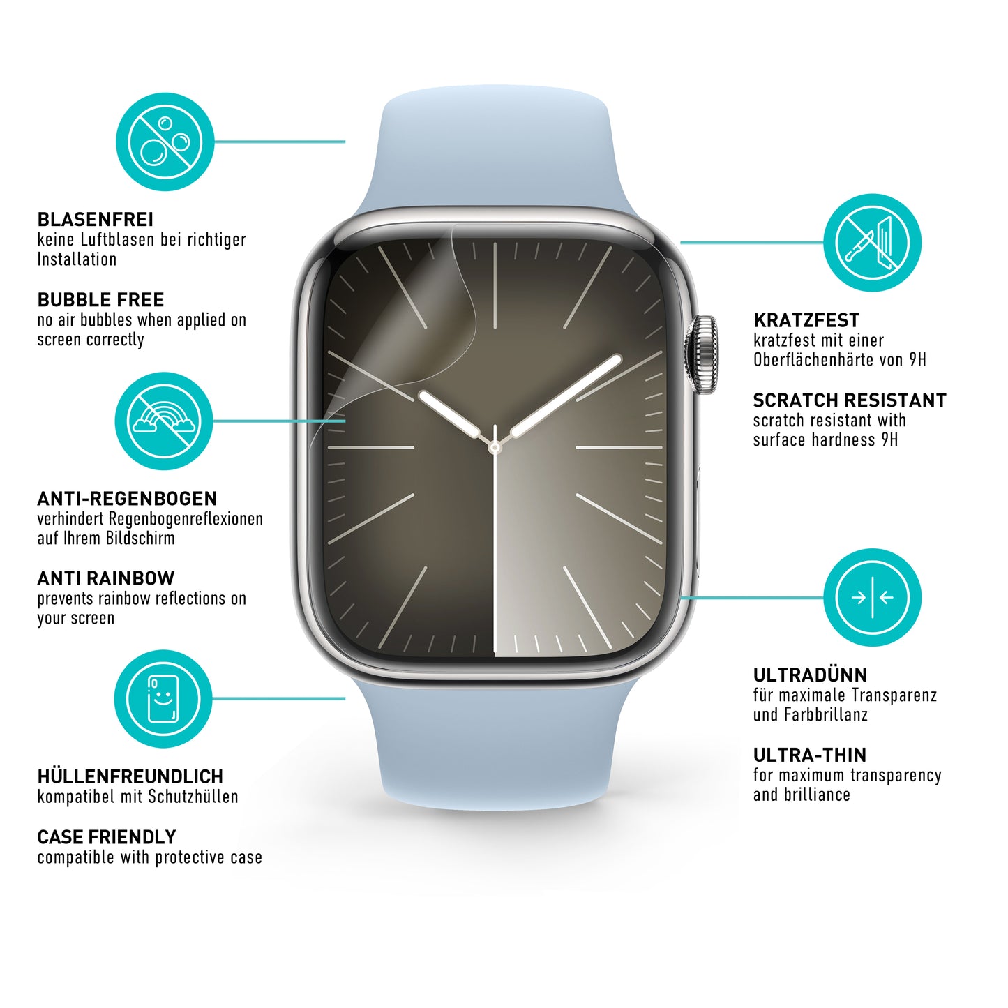 smartect TPU Screen Protector Clear for Apple Watch Series 9 / 8 / 7 45mm, 3 x Front