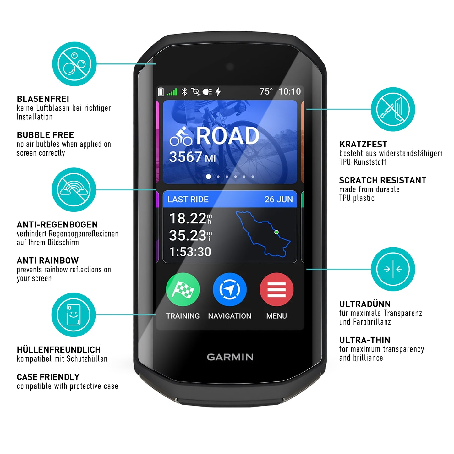 smartect TPU Schutzfolie Klar für Garmin Edge 1050, 3 x Front
