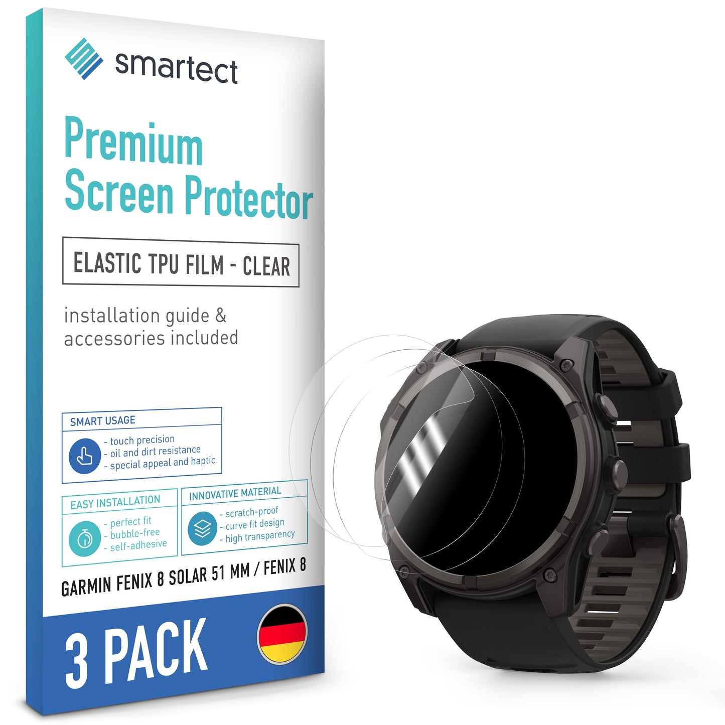 smartect TPU Schutzfolie Klar für Garmin Fenix 8 Solar 51 mm / Fenix 8 Amoled 51 mm, 3 x Front