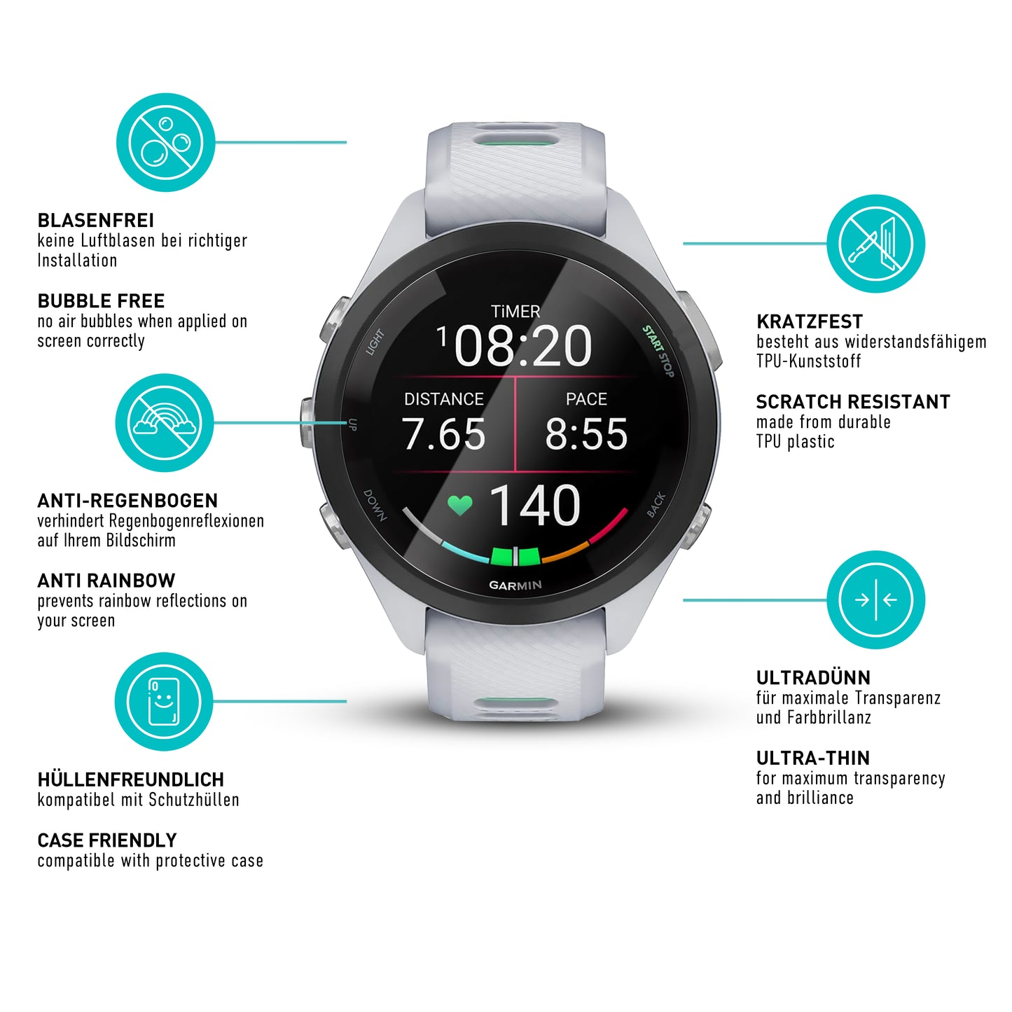 smartect TPU Schutzfolie Klar für Garmin Forerunner 265s, 3 x Front