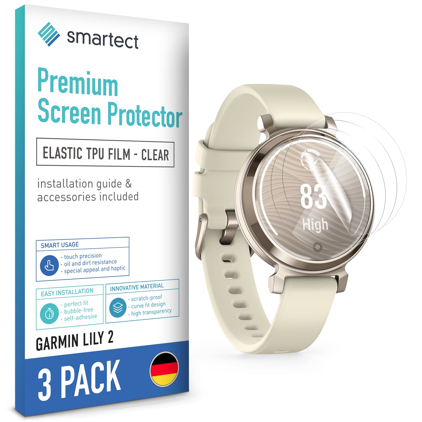 smartect TPU Screen Protector Clear for Garmin Lily 2, 3 x Front