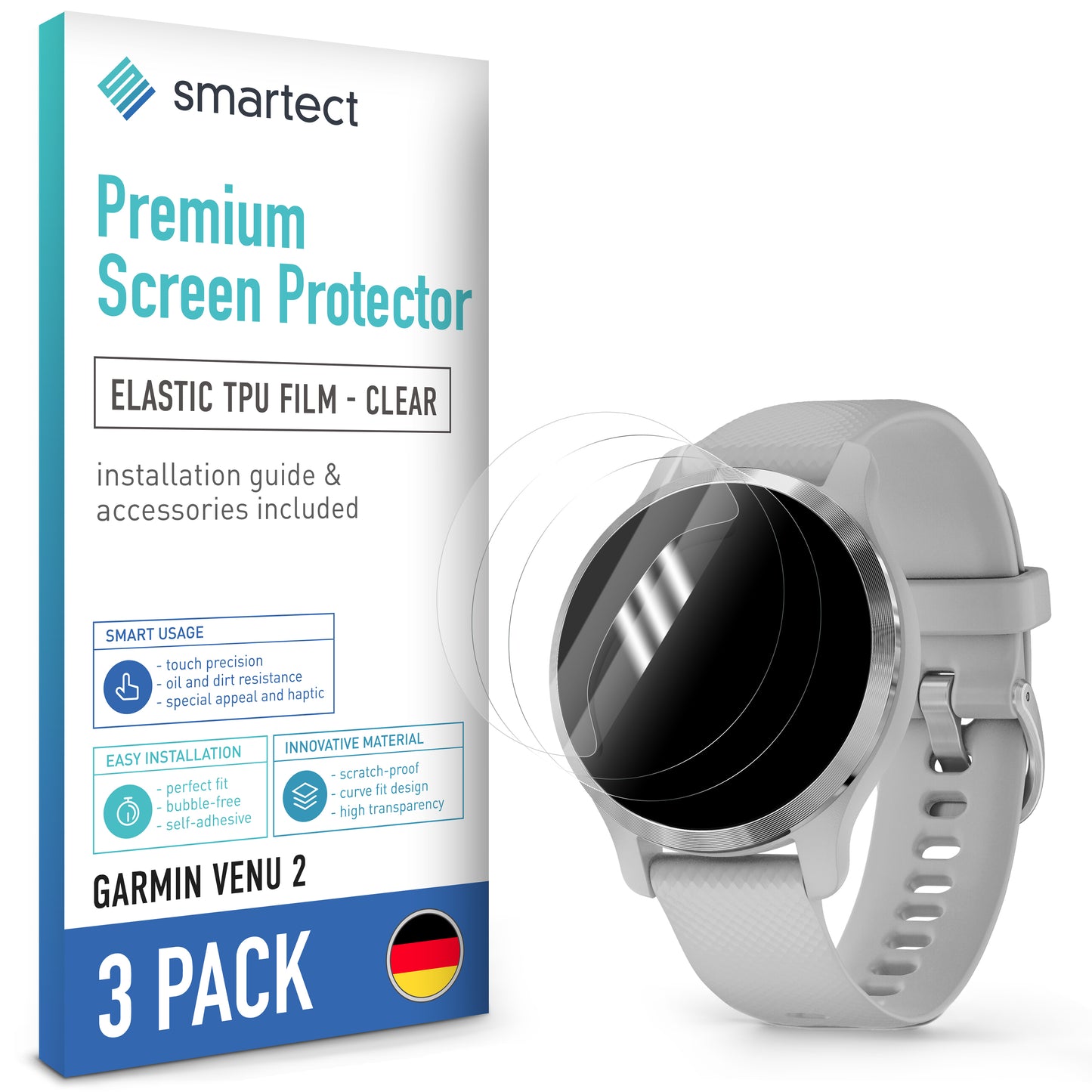 smartect TPU Screen Protector Clear for Garmin Venu 2, 3 x Front