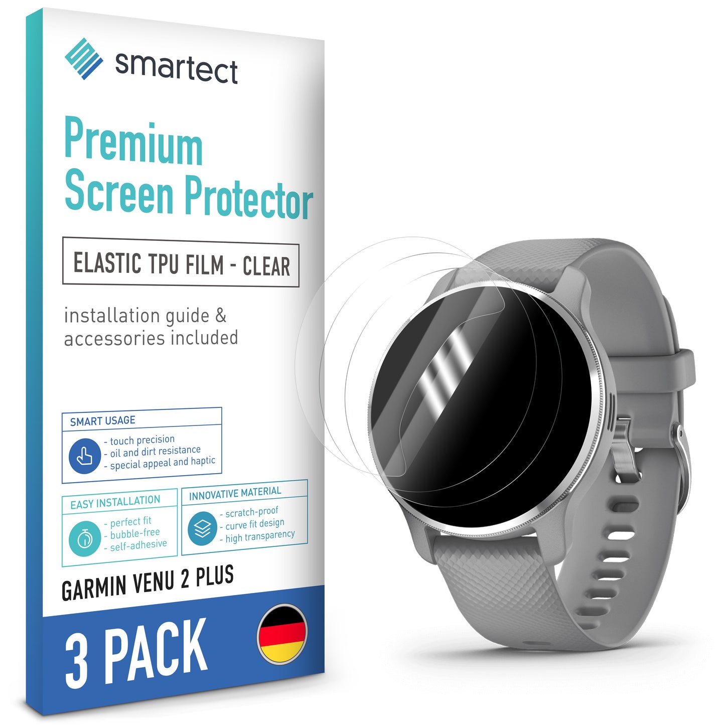 smartect TPU Screen Protector Clear for Garmin Venu 2 Plus, 3 x Front