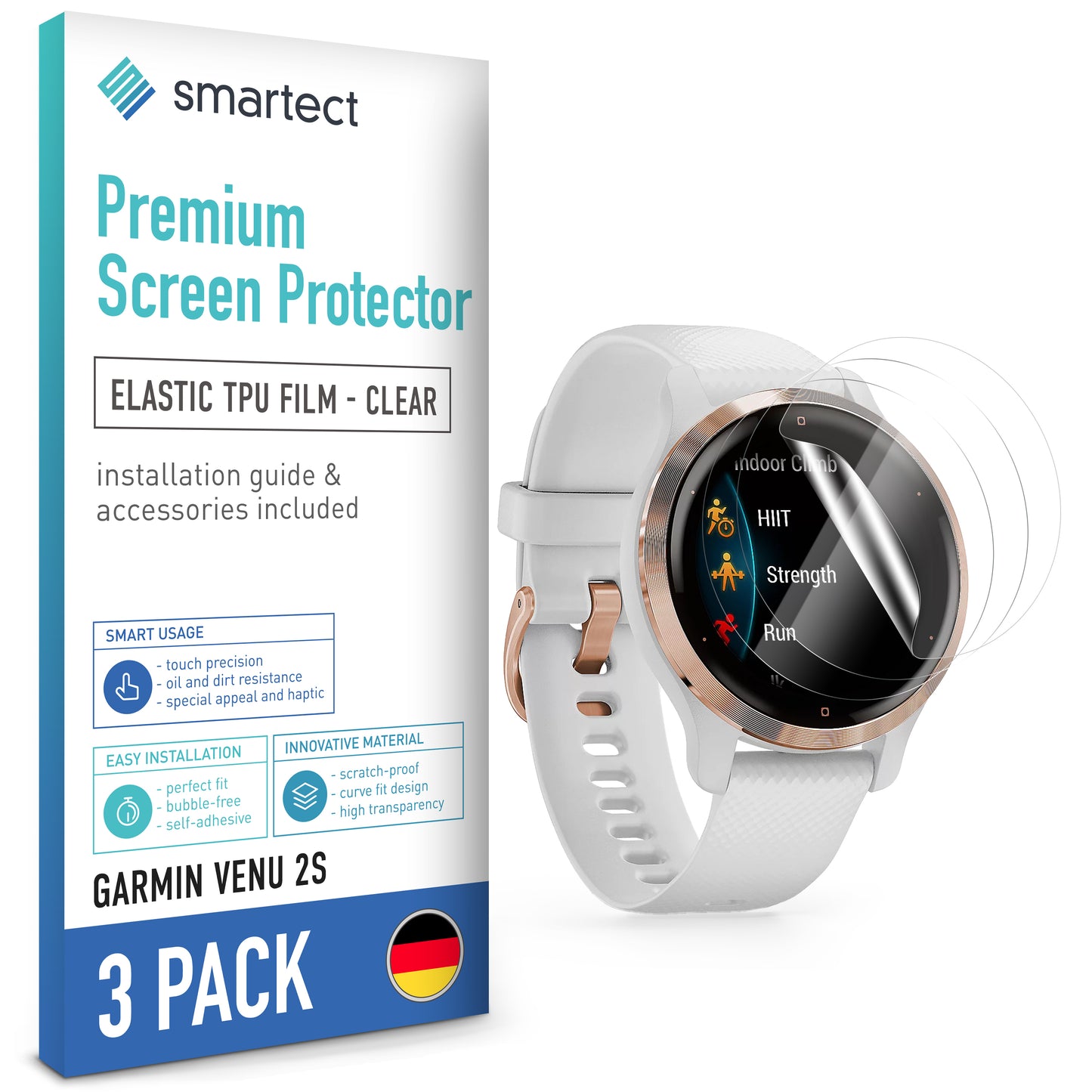 smartect TPU Schutzfolie Klar für Garmin Venu 2S, 3 x Front
