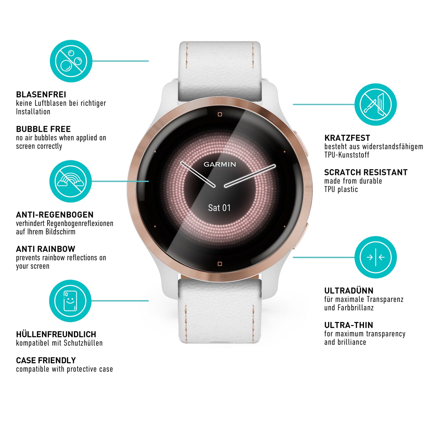 smartect TPU Schutzfolie Klar für Garmin Venu 2S, 3 x Front