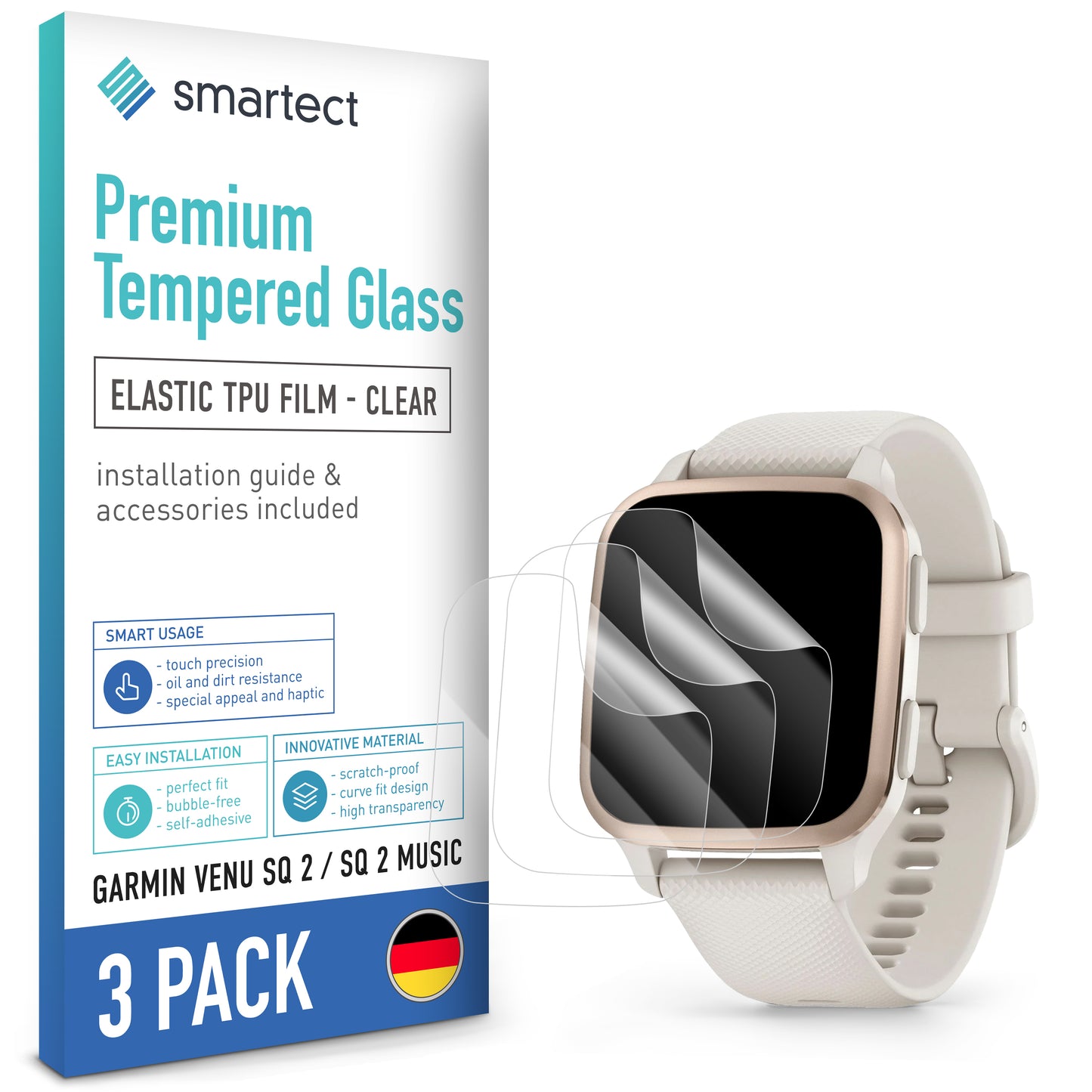 smartect TPU Screen Protector Clear for Garmin Venu Sq 2 / Sq 2 Music, 3 x Front