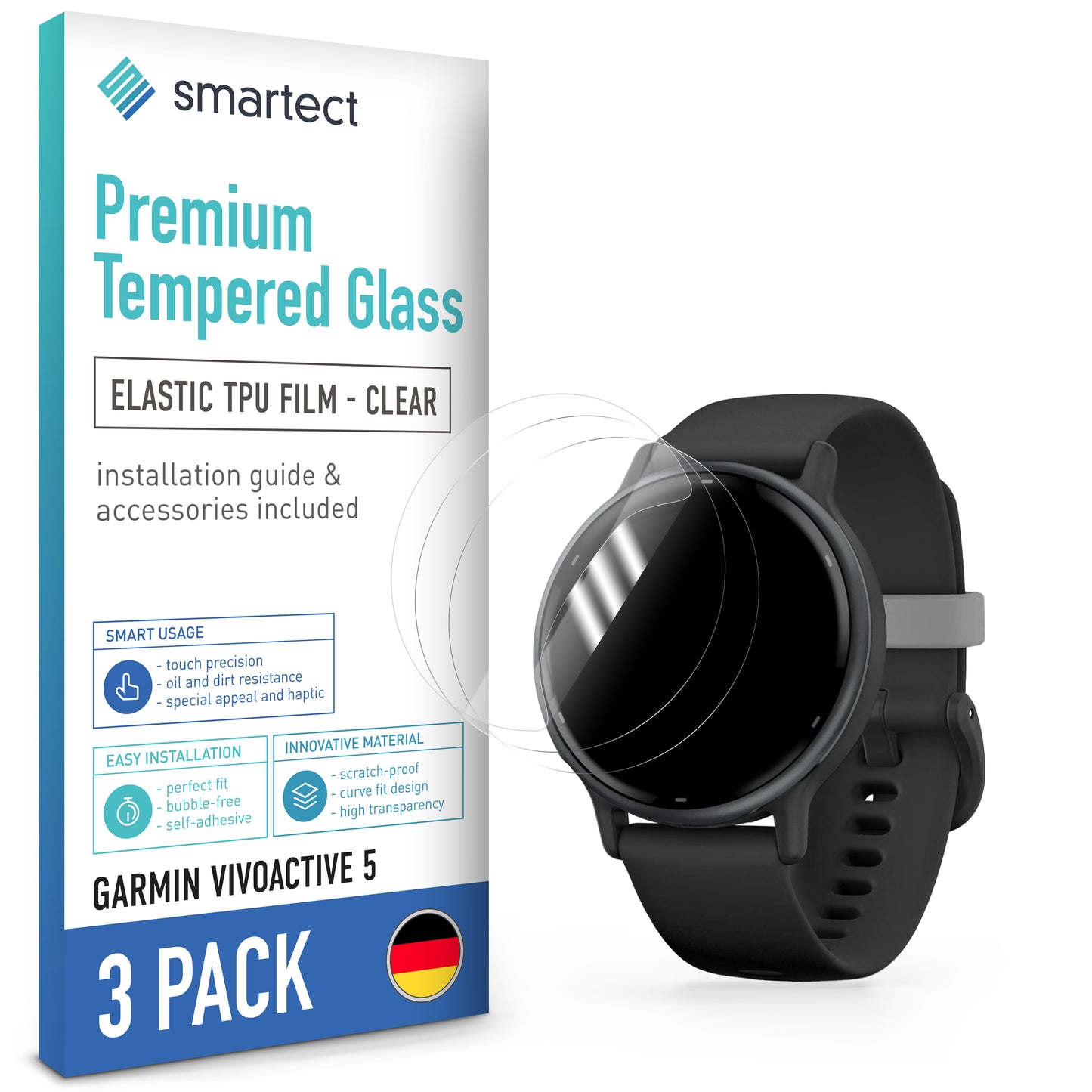 smartect TPU Schutzfolie Klar für Garmin Vivoactive 5, 3 x Front