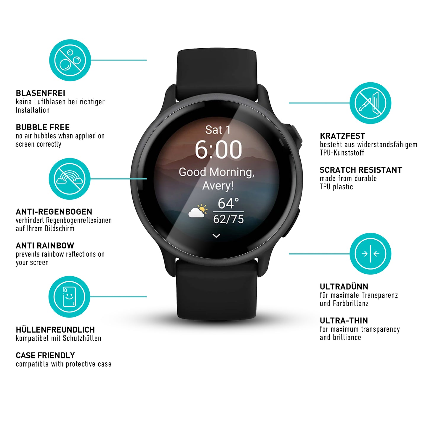 smartect TPU Schutzfolie Klar für Garmin Vivoactive 6, 3 x Front