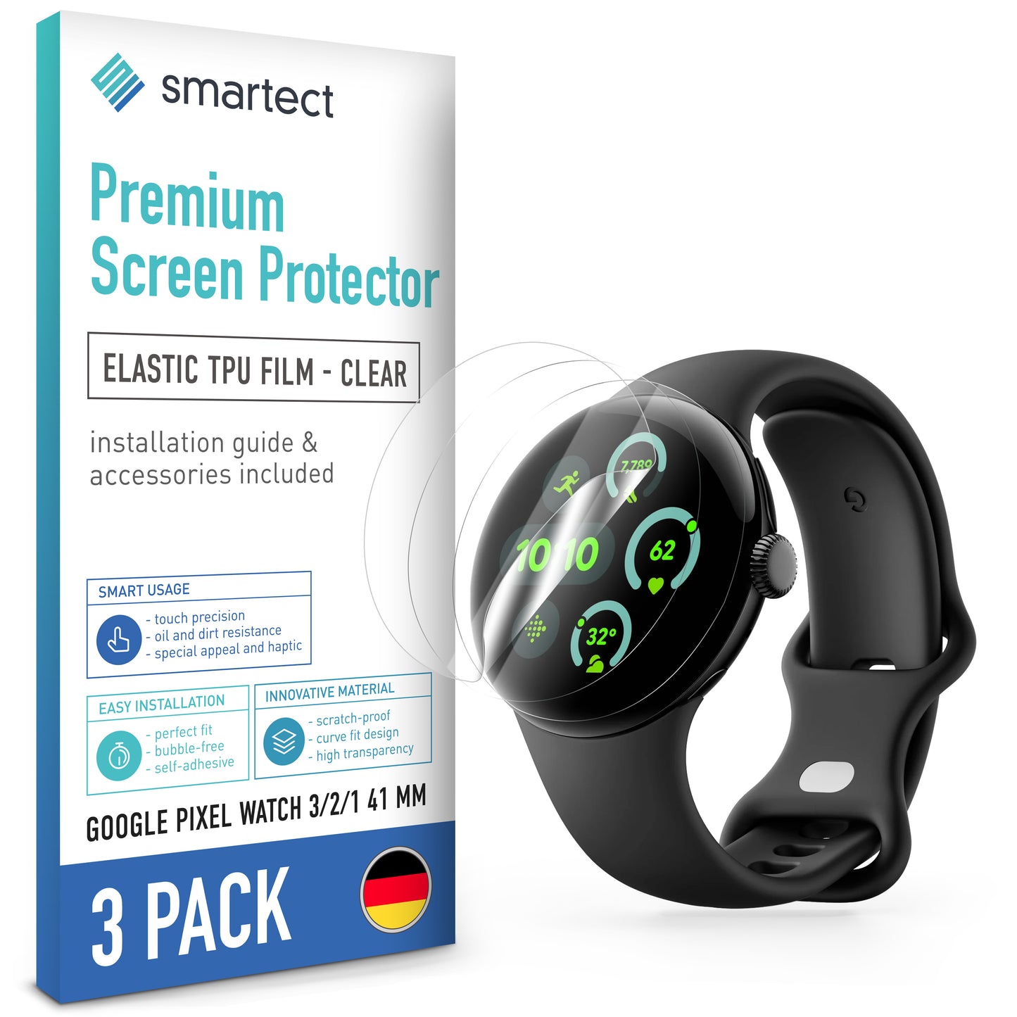 smartect TPU Schutzfolie Klar für Google Pixel Watch 3 / 2 / 1 41 mm, 3 x Front