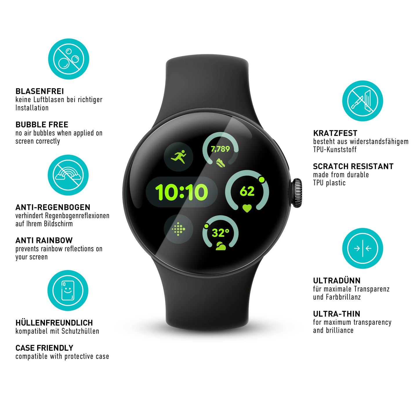 smartect TPU Schutzfolie Klar für Google Pixel Watch 3 / 2 / 1 41 mm, 3 x Front