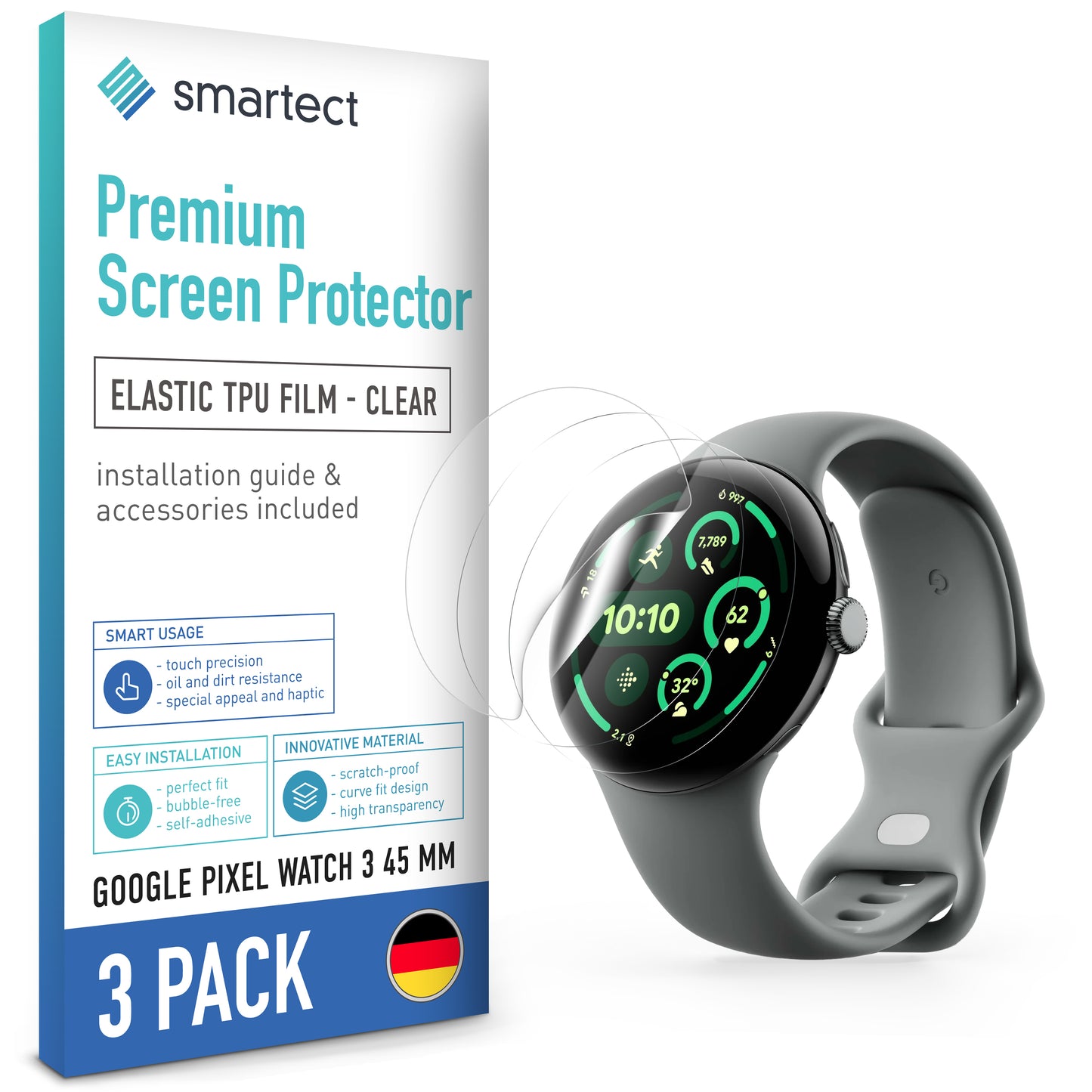 smartect TPU Schutzfolie Klar für Google Pixel Watch 3 45 mm, 3 x Front