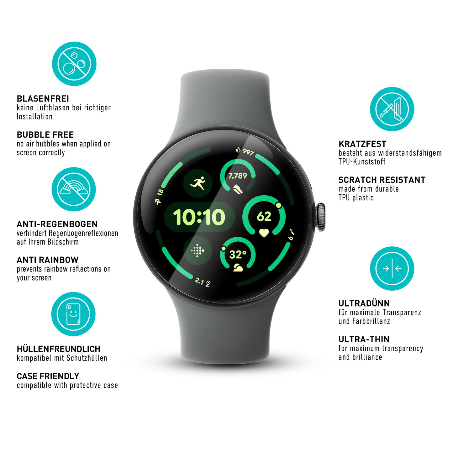 smartect TPU Schutzfolie Klar für Google Pixel Watch 3 45 mm, 3 x Front